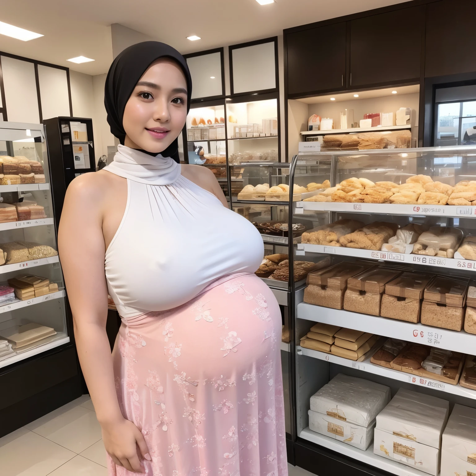 28-Years-Old,Female Store owner, Hijab Beautiful Indonesian Mature Woman, Wearing Tight Gamis, white Skin Like Porcelain, Realistic Ultra Gigantic Breast : 21.9,realistic wrinkels body, realistic Curvy body, PP cup Breast, (huge pregnant),Seducting Look, Lustful smiling, standing in front Of her Store's