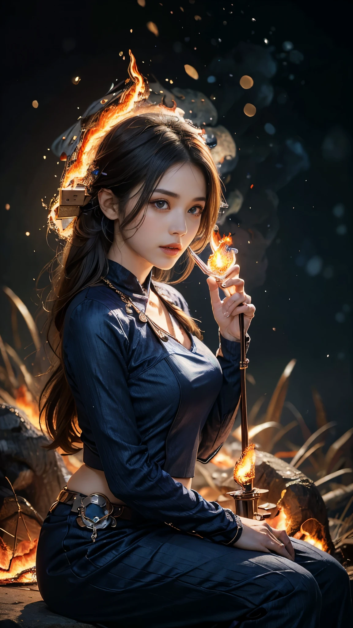 8K, ultra detailed, masterpiece, 1 fire girl, good face, detailed eyes, very long hair, hire hair, (fire outfit:1.8), (indigo outfit:1.5), (spreading fire:1.5), (aura:1.4), flame in hands, perfect body, sitting,