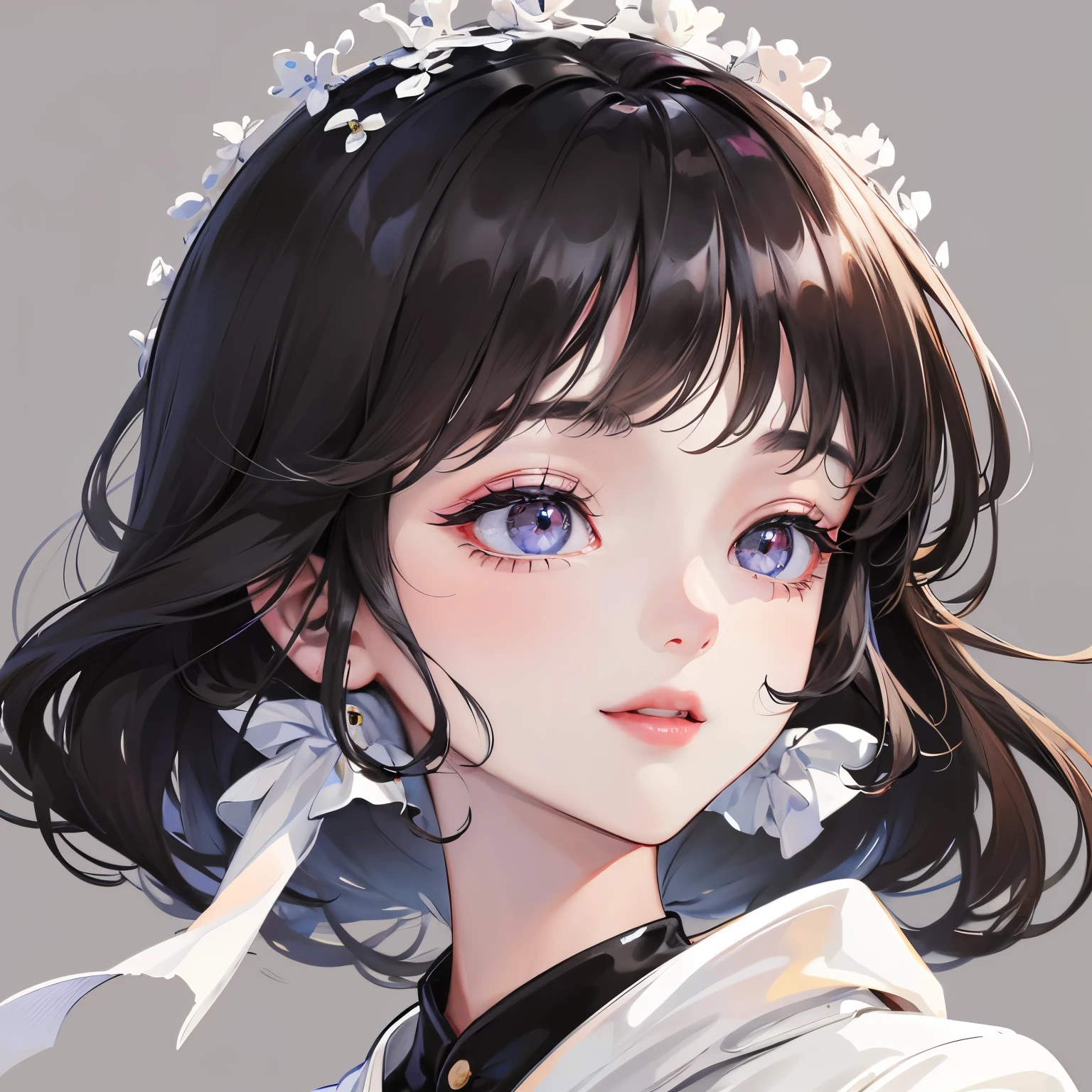 black hair girl、detailed face、profile、Temporary、lipstick、best image quality、droppy eye,垂れeye、simple、smile、white clothes、bright pigment、Patsun bangs,close ~ eye、whole body、Pose the model
