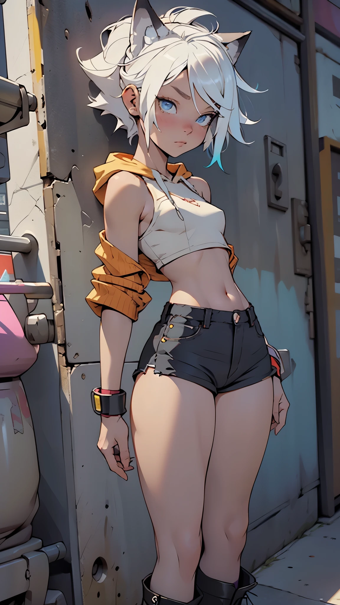 male with wolf ears, has white hair, is male, male, short, wearing fur lined cropped hoodie, wearing denim short shorts, wearing thigh high fishnets, wearing black combat boots, SOLO, ALONE, (SOLO)(ALONE), has blue eyes, (Perfect eyeasterpiece) thick thighs, wide hips, has wolf tail, super flat chest, flat chest (Super flat chest), male, is male, no breasts

(nsfw:0.55), ((flat chested, flat stomach, baby face)), (((vibrant colors))),((3d)), (intense colors)