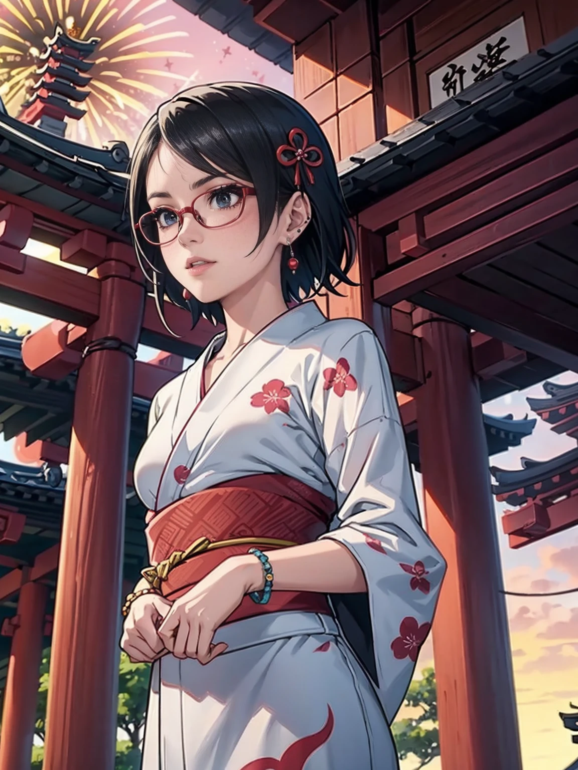 ((1girl, solo ,alone, Sarada Uchiha, short hair, ((dark eyes, bracelets, ruby earrings, black eyes, glasses, small breasts, standing)), uchiha sarada)), ((solo, 1woman, pink lipstick, Extremely detailed, ambient soft lighting, 4k, perfect eyes, a perfect face, perfect lighting, a 1girl)), austere, ((hair ornament, ruby earrings, bracelets, patterned yukata, torii, summer festival, sunset, fireworks, Shinto temple))