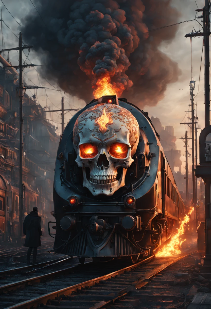Train Station, aesthetic, HUMAN SKULL FLAMES TRAIN!!!! epic long hyperdetailed SKULL train on fire!!! EXPLOSION, HIGH FLAMeS, WRECK, hyperdetailed photorealistic matte painting 8k resolution concept art, intricate, ornate, by Mathias Kollros, Darek Zabrocki, Jean-Baptiste Monge, Ismail Inceoglu, Wadim Kashin, steampunk demonpunk, Epic cinematic brilliant stunning intricate meticulously detailed dramatic atmospheric maximalist digital matte painting, sinister by Greg Rutkowski trending on Artstation Unreal Engine 5
