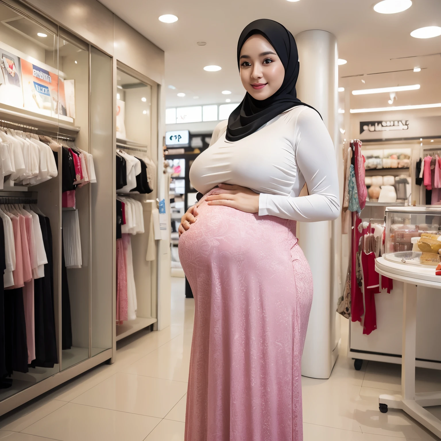 28-Years-Old,Female Store owner, Hijab Beautiful Indonesian Mature Woman, Wearing Tight Gamis, white Skin Like Porcelain, Realistic Ultra Gigantic Breast : 21.9,realistic wrinkels body, realistic Curvy body, PP cup Breast, (huge pregnant),Seducting Look, Lustful smiling, standing in front Of her Store's