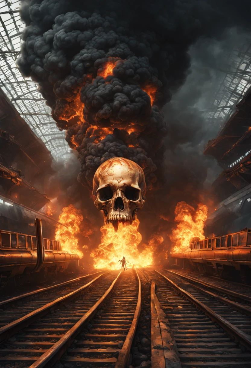 Train Station, aesthetic, HUMAN SKULL FLAMES TRAIN!!!! epic long hyperdetailed SKULL train on fire!!! EXPLOSION, HIGH FLAMeS, WRECK, hyperdetailed photorealistic matte painting 8k resolution concept art, intricate, ornate, by Mathias Kollros, Darek Zabrocki, Jean-Baptiste Monge, Ismail Inceoglu, Wadim Kashin, steampunk demonpunk, Epic cinematic brilliant stunning intricate meticulously detailed dramatic atmospheric maximalist digital matte painting, sinister by Greg Rutkowski trending on Artstation Unreal Engine 5