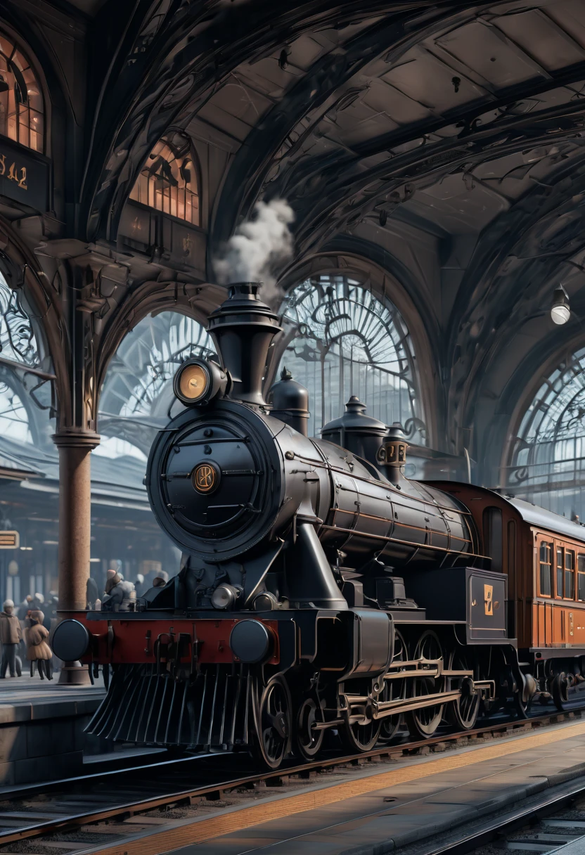 Vaporwave Aesthetic style Train Station, (best quality, masterpiece, Representative work, official art, Professional, Ultra intricate detailed, 8k:1.3)