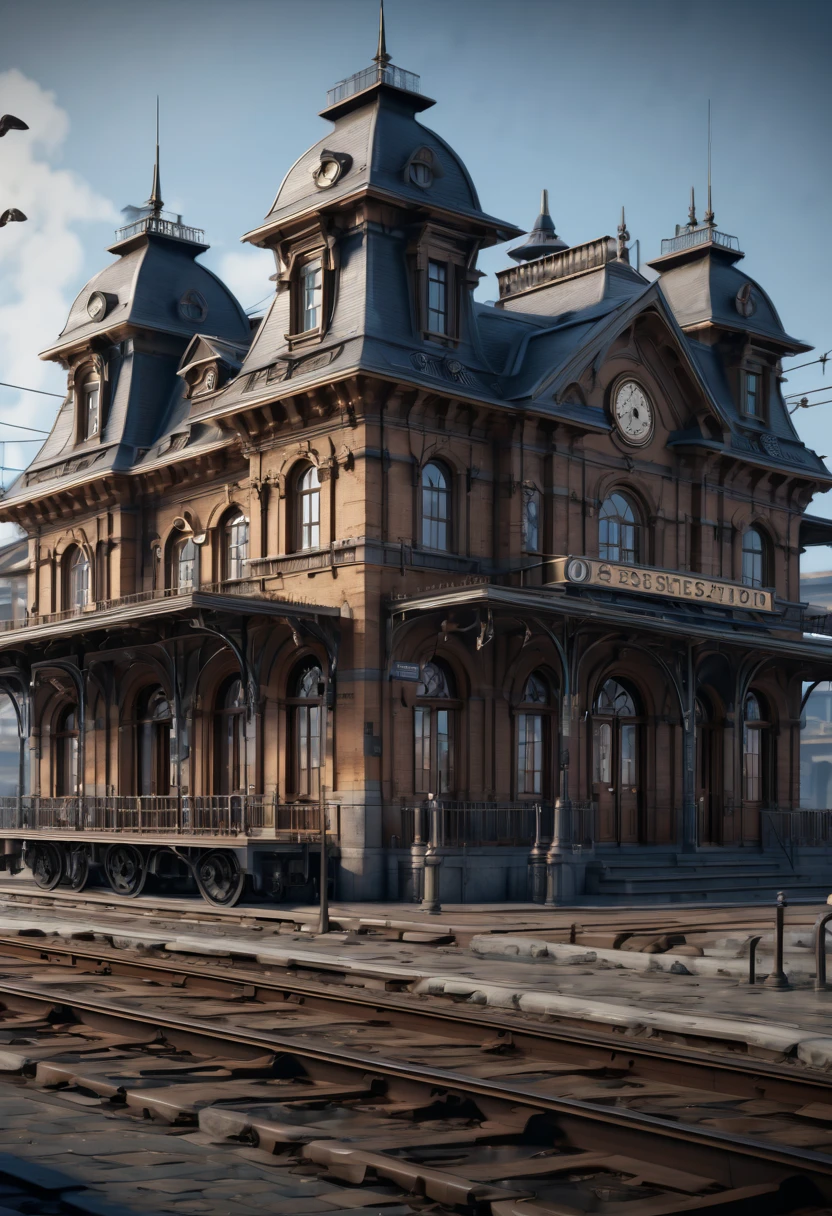 Vaporwave Aesthetic style Train Station, (best quality, masterpiece, Representative work, official art, Professional, Ultra intricate detailed, 8k:1.3)