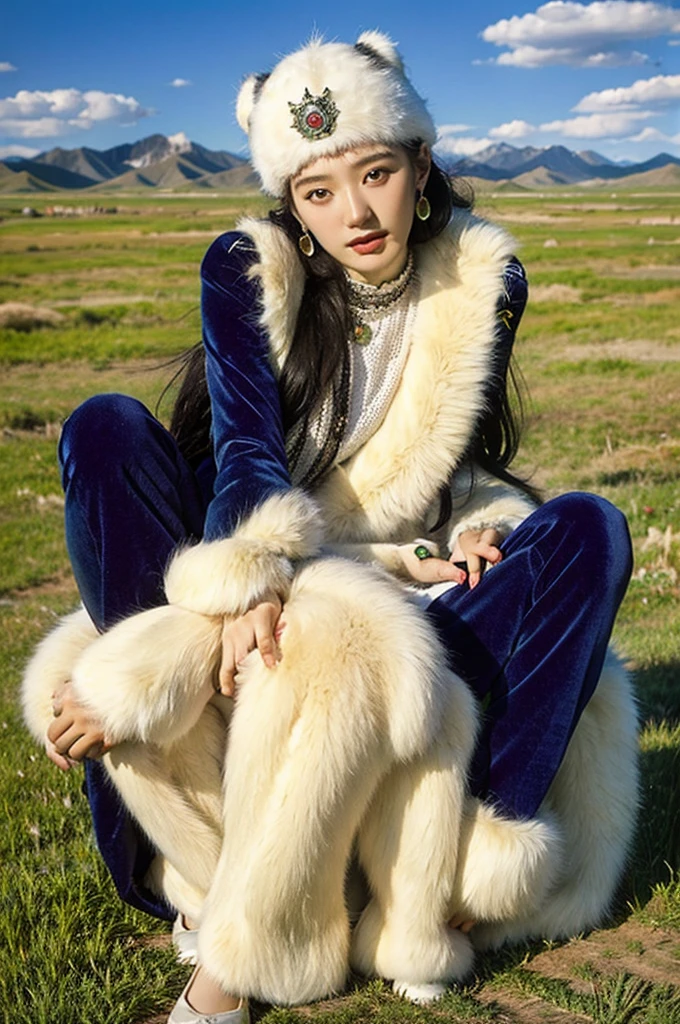 masterpiece, highest quality, A girl wearing Mongolian national costume stands on the Mongolian steppe., ((The background is the grasslands of Mongolia.)), ((The background is green earth, blue sky and white clouds)), black hair, long curly hair, facing the front, ((red plush fur hat)), emotional face, (portrait), compensate,