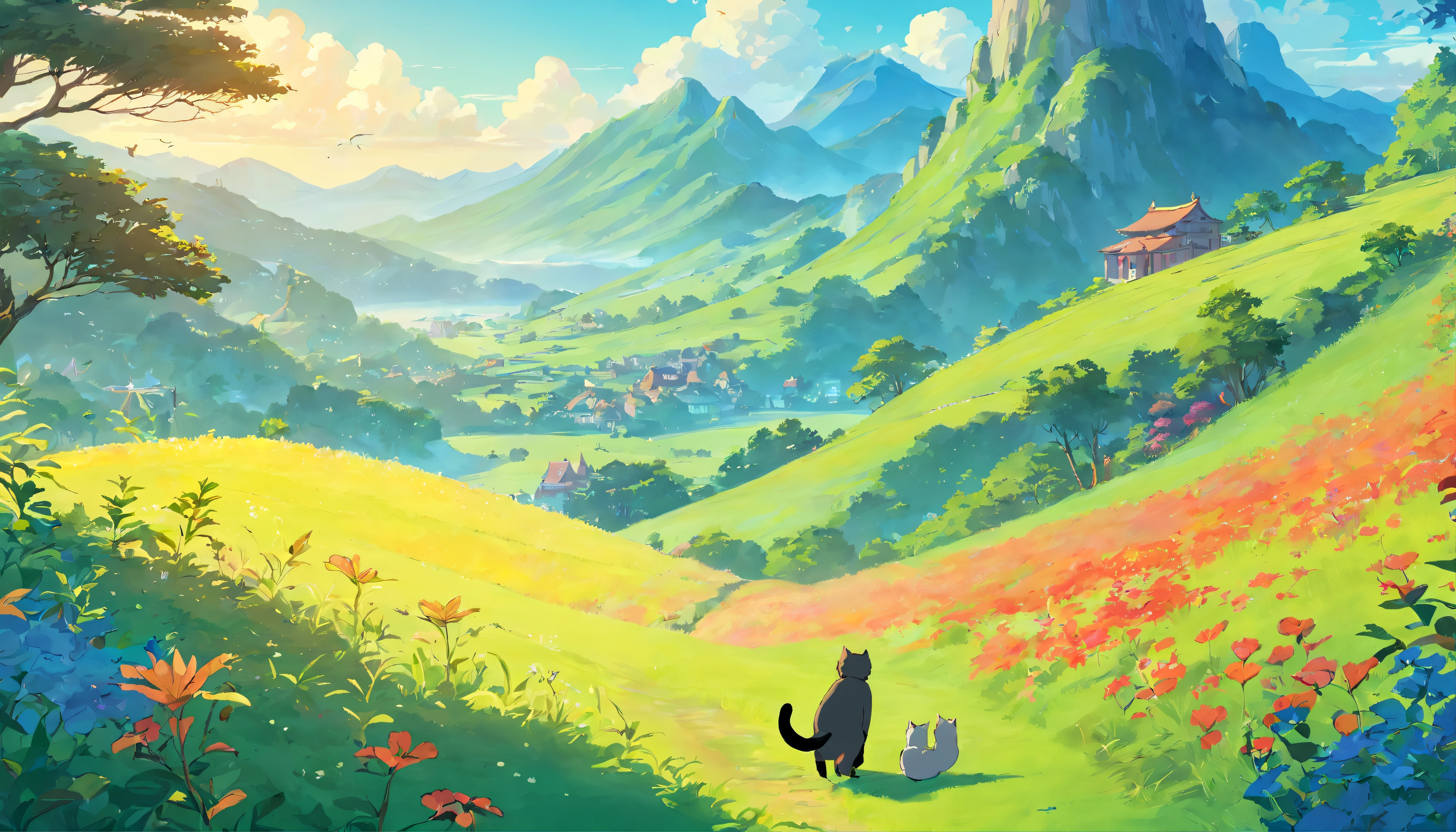 ((1 old man in a fantastic landscape playing with his cat)),((fantasia)),lindo,((fantasia)),circunstanciado,4k,Parte Mestre,Studio Ghibli