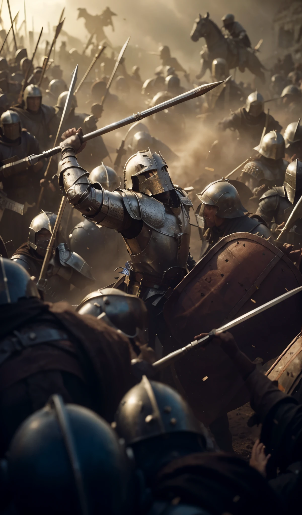 a group of people that are standing in the dirt, in screenshot from the 300 movie, stronghold strategy gameplay, sylvain sarrailh and igor morski, holy medieval crusader, ad image, english text, motion blurred background, beautiful image