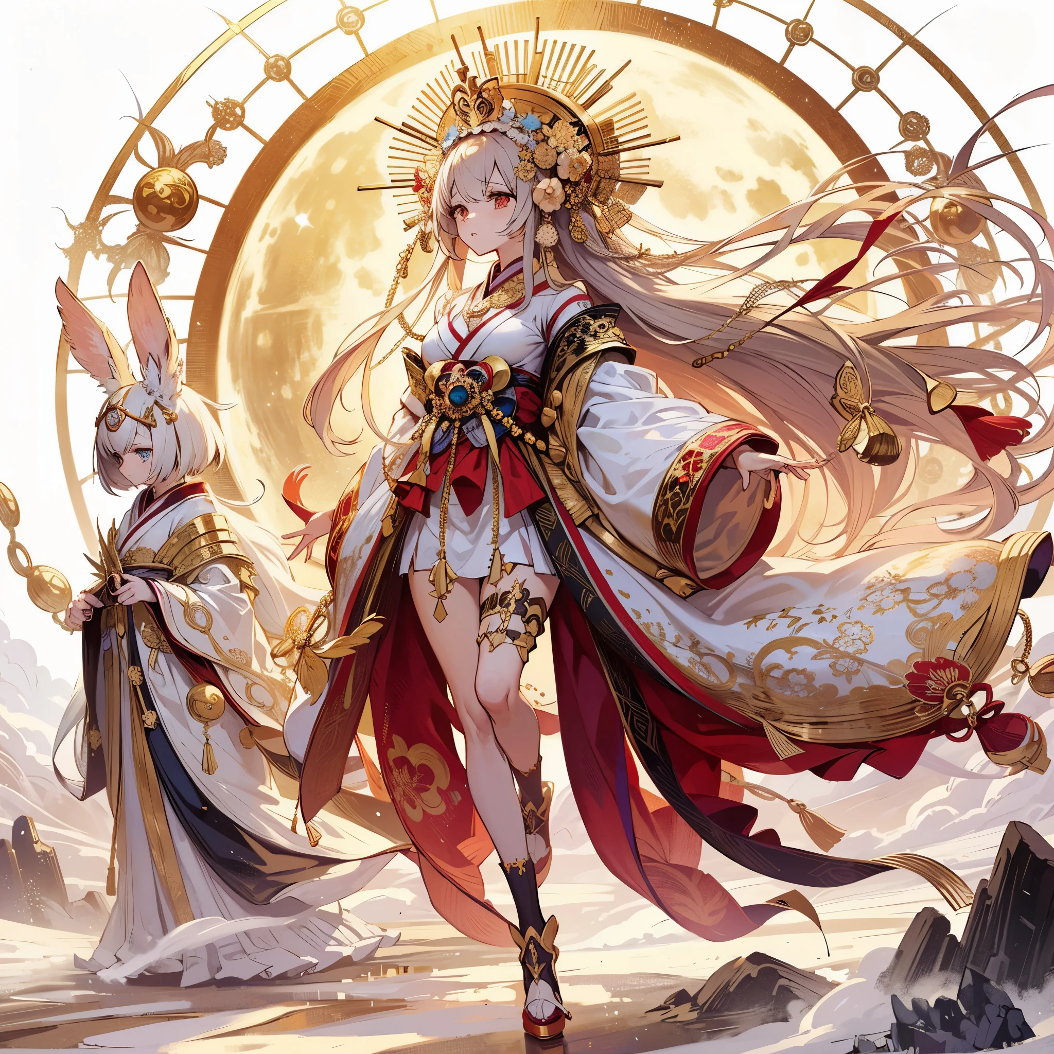 (Masterpiece, best quality), (perfect athlete body:1.2), (detailed hair), ultra-detailed, anime style, solo, full body, Moon Goddess Tsukuyomi, mystical and gorgeous gold and red-white kimono, wearing a gold crown and covering her face with a cloth blind, carrying a halo of golden gear on her back, She is accompanied by the White Rabbit Fairy attendant, raised boots, digital painting, 8k high resolution, whole body, white background, standing wasteland