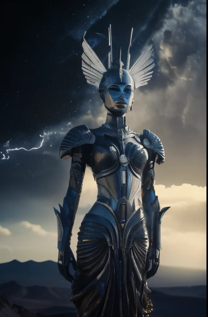 a woman in a silver costume standing on a rock with a sky background, biblical female android, movie still of aztec cyborg, cyborg goddess in cosmos, movie still of a alien cyborg, elle fanning as an android, wearing futuristic armor, unreal engine render + a goddess, from a 2 0 1 9 sci fi 8 k movie, still from a fantasy movie
