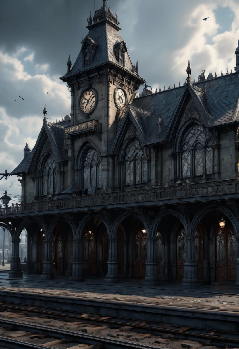 Train Station, gothic style, (best quality, masterpiece, Representative work, official art, Professional, Ultra intricate detailed, 8k:1.3)