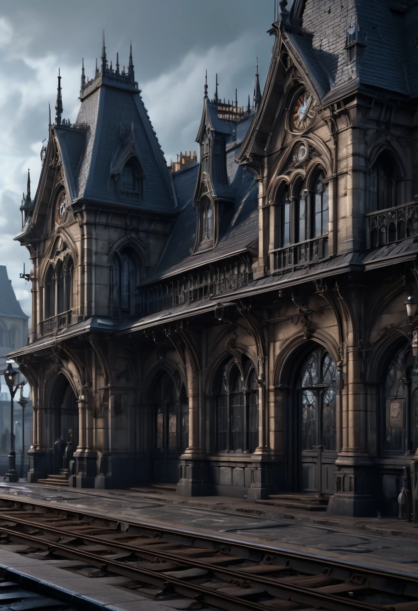 Train Station, gothic style, (best quality, masterpiece, Representative work, official art, Professional, Ultra intricate detailed, 8k:1.3)