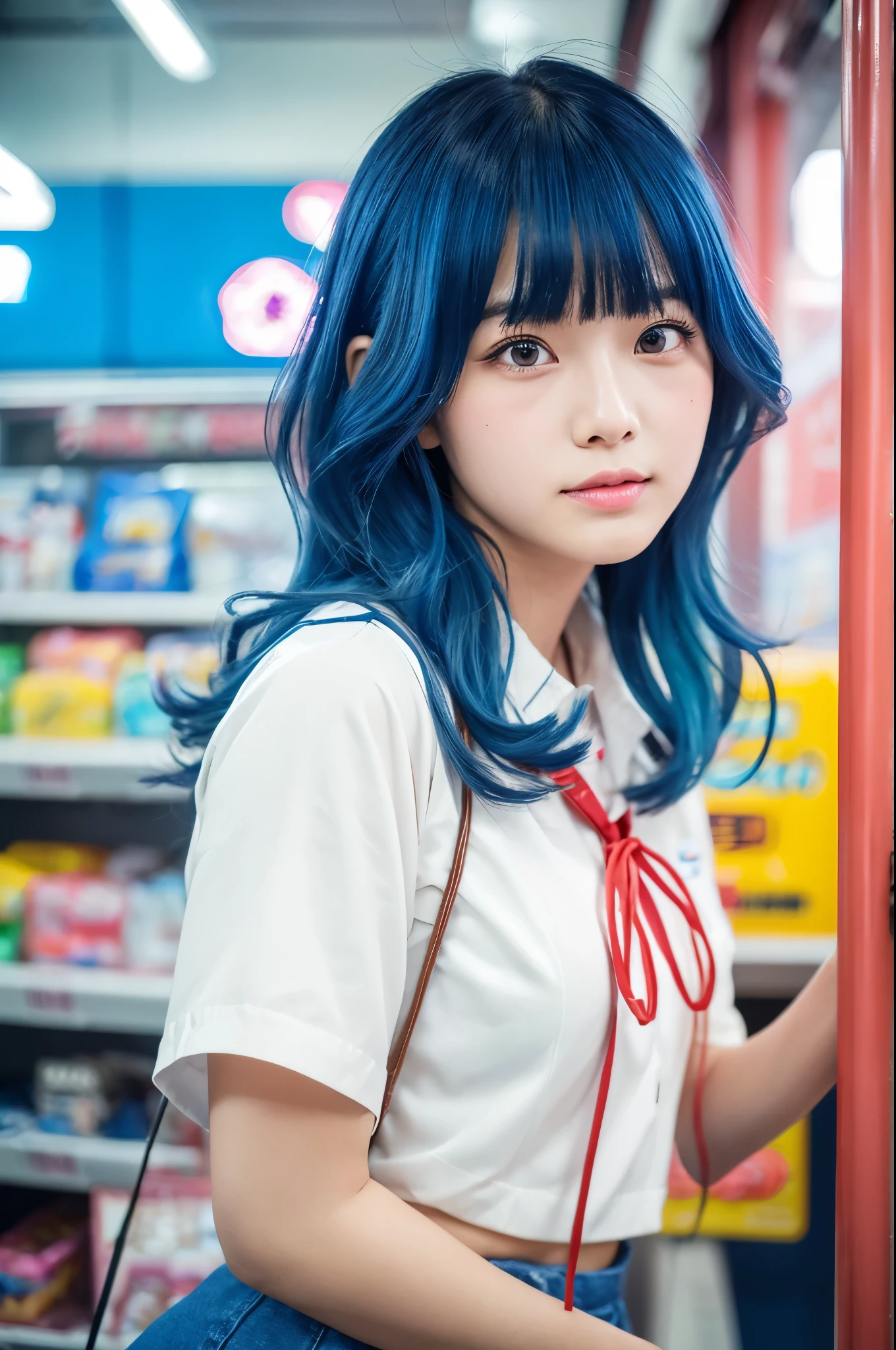 high school girl, lightblue hair, High school girl with good personality, Glamorous, sensual, closed-up, cowboy shot, open mouth talking something, convenience store, cute appearance, indoors, fluorescent lights, In a kawaii anime style reminiscent of the 2020s, porcelain-like skin tone, youthful character, porcelain-like skin tone, youthful character, anime, japanese manga anime moe style, strong bold clear outline, cel shading, Occlusion Shading, a scene from an anime, shallow depth of field, monochrome, semi realistic, 3D, watercolor shading, detailed hair, glowing eyes, pastel style, curly hair, messy hair, side-swept bangs, lolita