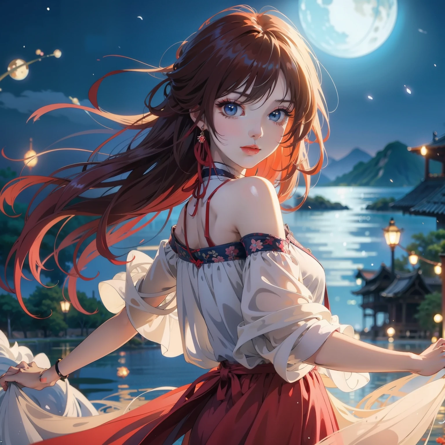 Anime girl with long hair and blue eyes standing in front of a body of water, night nucleus, anime style 4k, 4kanime wallpaper, anime wallpaper4K, anime wallpaper4k, Anime Art Wallpaper 4k, anime art wallpaper 4k, Beautiful anime, anime art wallpaper 8k, hd anime wallpaper, Beautiful anime girl, anime wallpaper