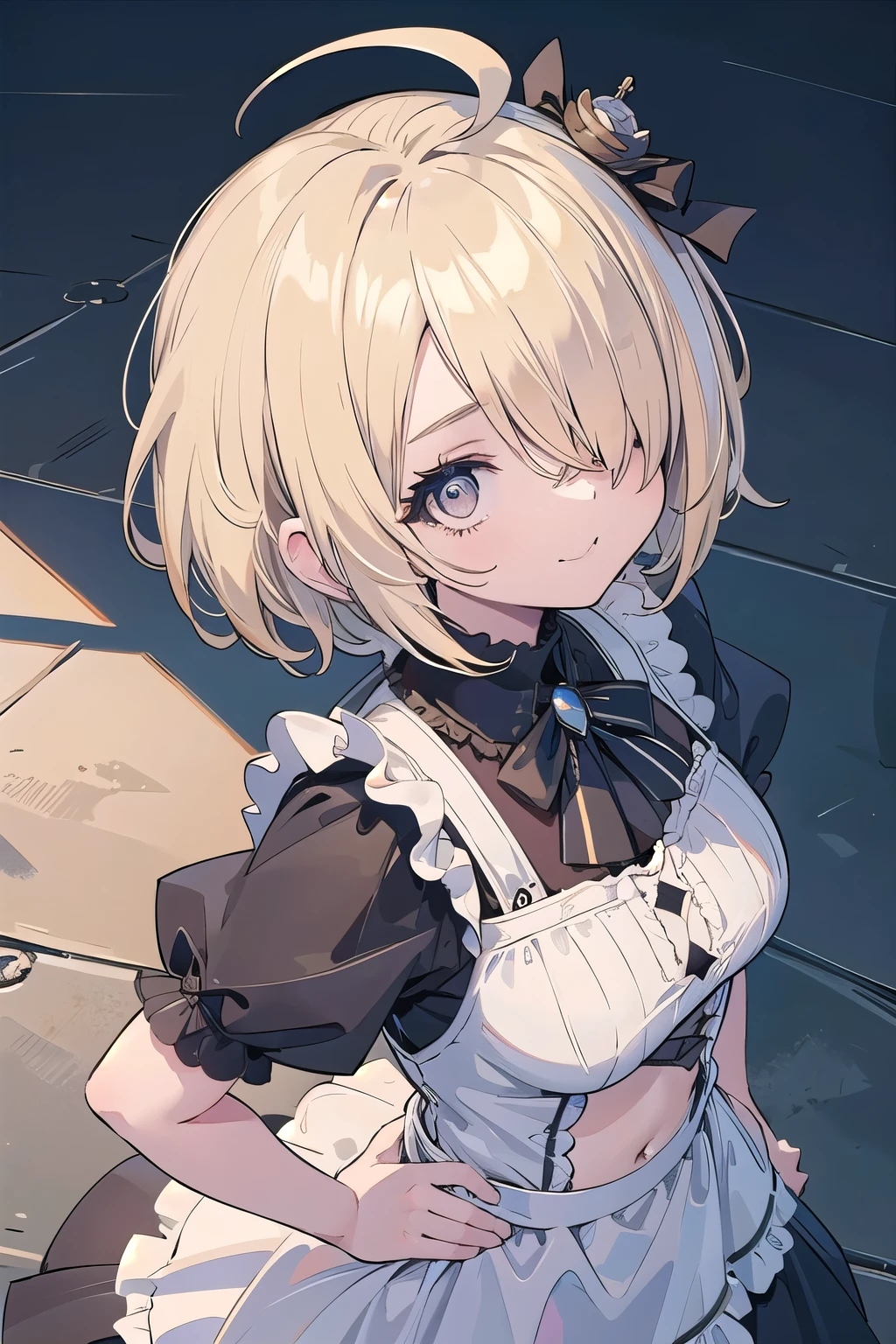 (masterpiece:1.2), (highest quality:1.2), Upper body, perfect eyes, perfect face, perfect lighting, desert Upper body, big breasts gothic maid, nsfw, , 1 boy,blonde yellow eye, ((((((hair over one eye,)))))), single braid, side braid, spike hair, dull bangs, bob hair, Ahoge, cute eyes looking at the viewer ((From above)), ((abs)), ((looking up:1.2)), Are standing, (fang), hands on hips, From the side, smile