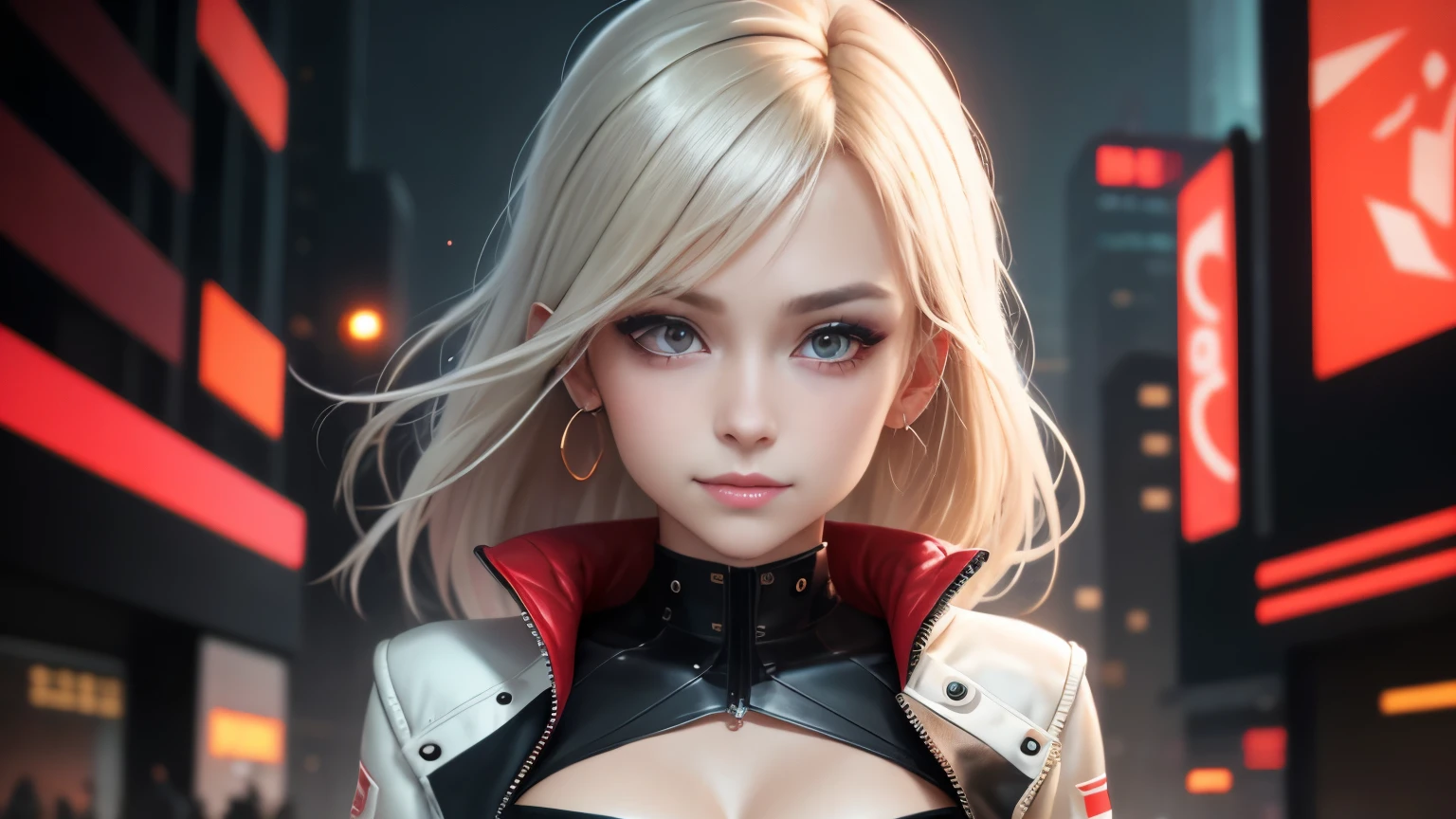optimal，master piece，High resolution，best quality，hyper hd，super detail，Award-winning，16k，solo，（Upper body），correct anatomy，beautiful cyberpunk girl，cute face，，gradation beige hair，hair line，（（scarlet eyes）），long eyelashes，drooping corners of the eyes，white skin，（small ），（Because I&#39;m slender），（（Women&#39;s Super Short Shawl Leather Jacket）），（（racing_suit）），（（height_skirt）），ear studs，（neck ring），（laser material clothing：1.2）、cleavage、smile、beautiful eyes