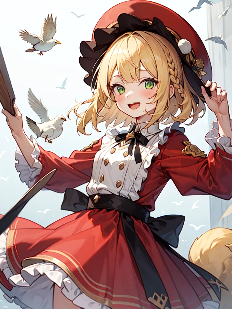 girl, :d, animal on shoulder, bangs, bird, blonde hair, blush, braid, brown headwear, chick, commentary request, dress, frilled sleeves, frills, green eyes, hat, highres, holding, long sleeves, looking at viewer, open mouth, pom pom clothes, red dress, short hair,