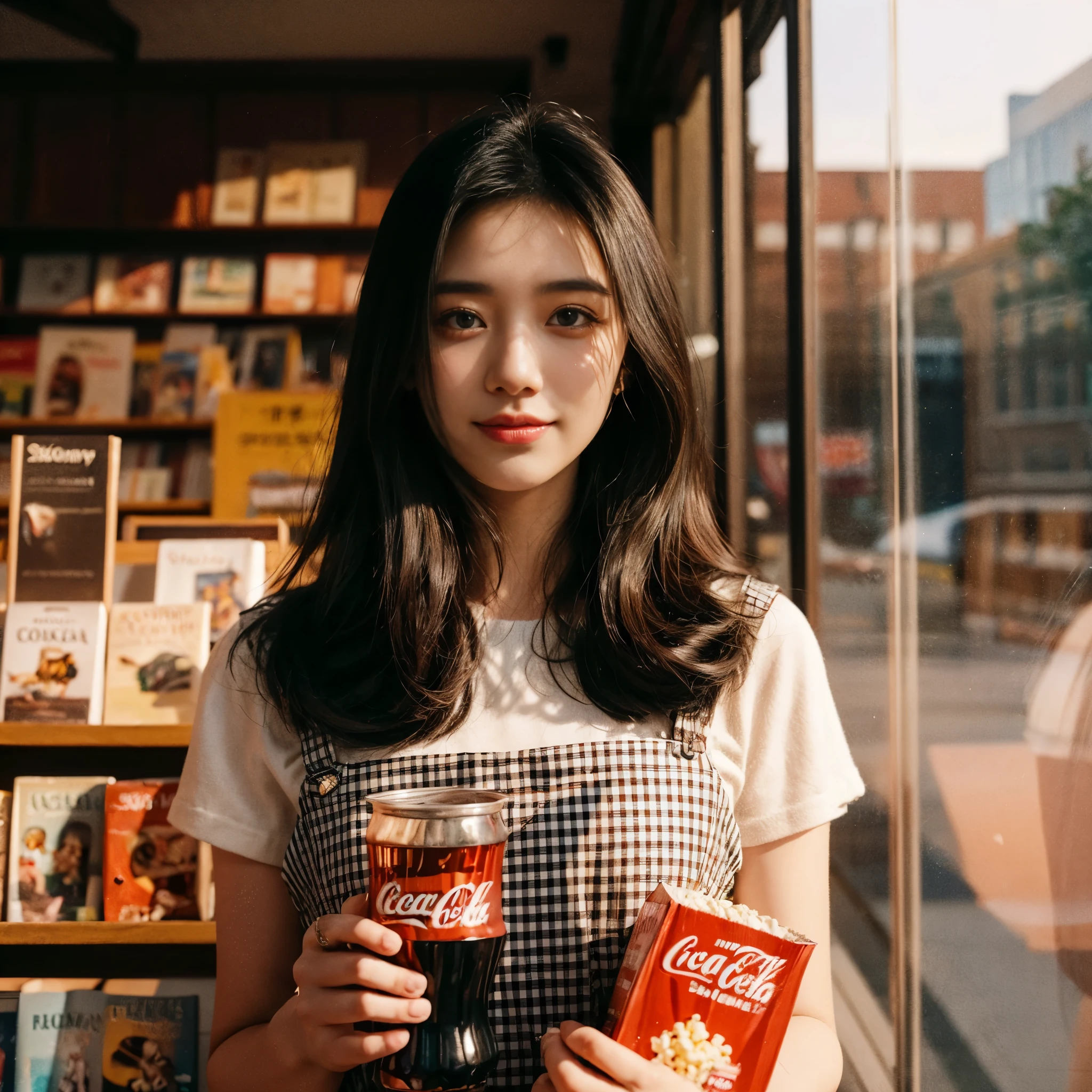 Film photography of a 20 year old woman with an Indonesian face, long black shoulder length hair wearing a checkered pinafore, with a happy expression, the woman is standing holding a glass of Coca Cola with her left hand, while her right hand is holding a box of popcorn, in the background of a bookstore in where several books and other items are displayed in the glass window. Sunlight shines from the right of the photo, creating interesting shadows and contrast, (warm hue, warm tone) bokeh, professional color gradient, shot by Sony a6700, sigma 23mm lens (35mm FFeqf), mist filter 1/4