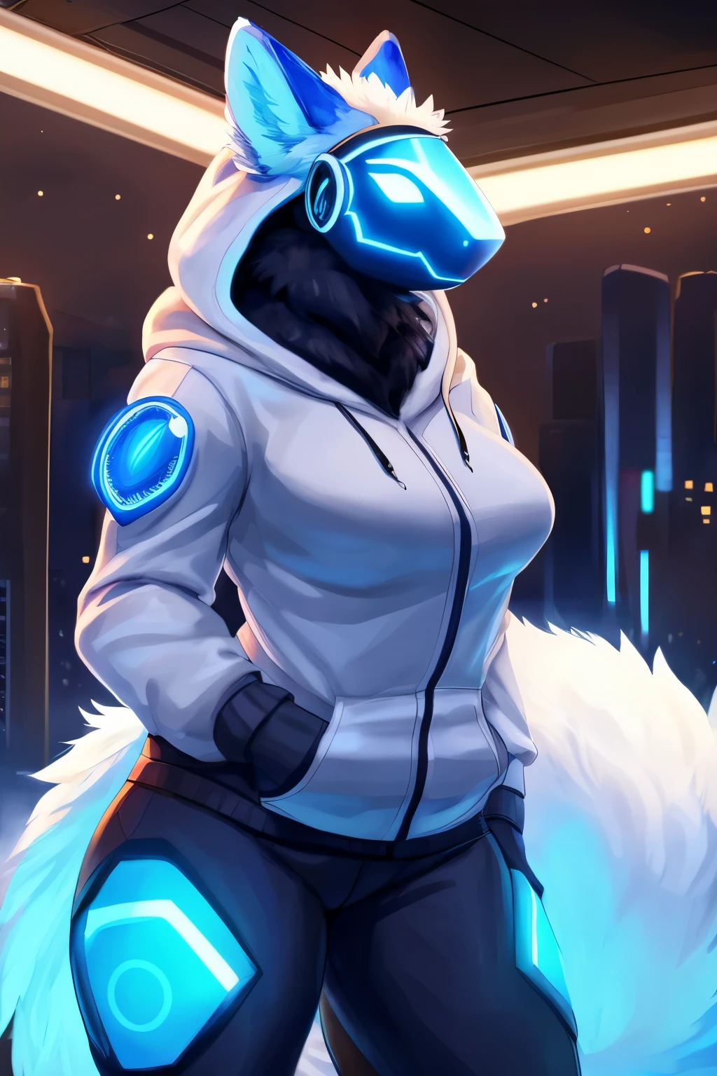 8k, 4k, Detailed, High quality, furry, female, mature female, by buta99, arctic protogen, long visor, blue visor, tuft neck, fluffy tail, sexy body, futuristic assasin clothing, hoodie, riffle