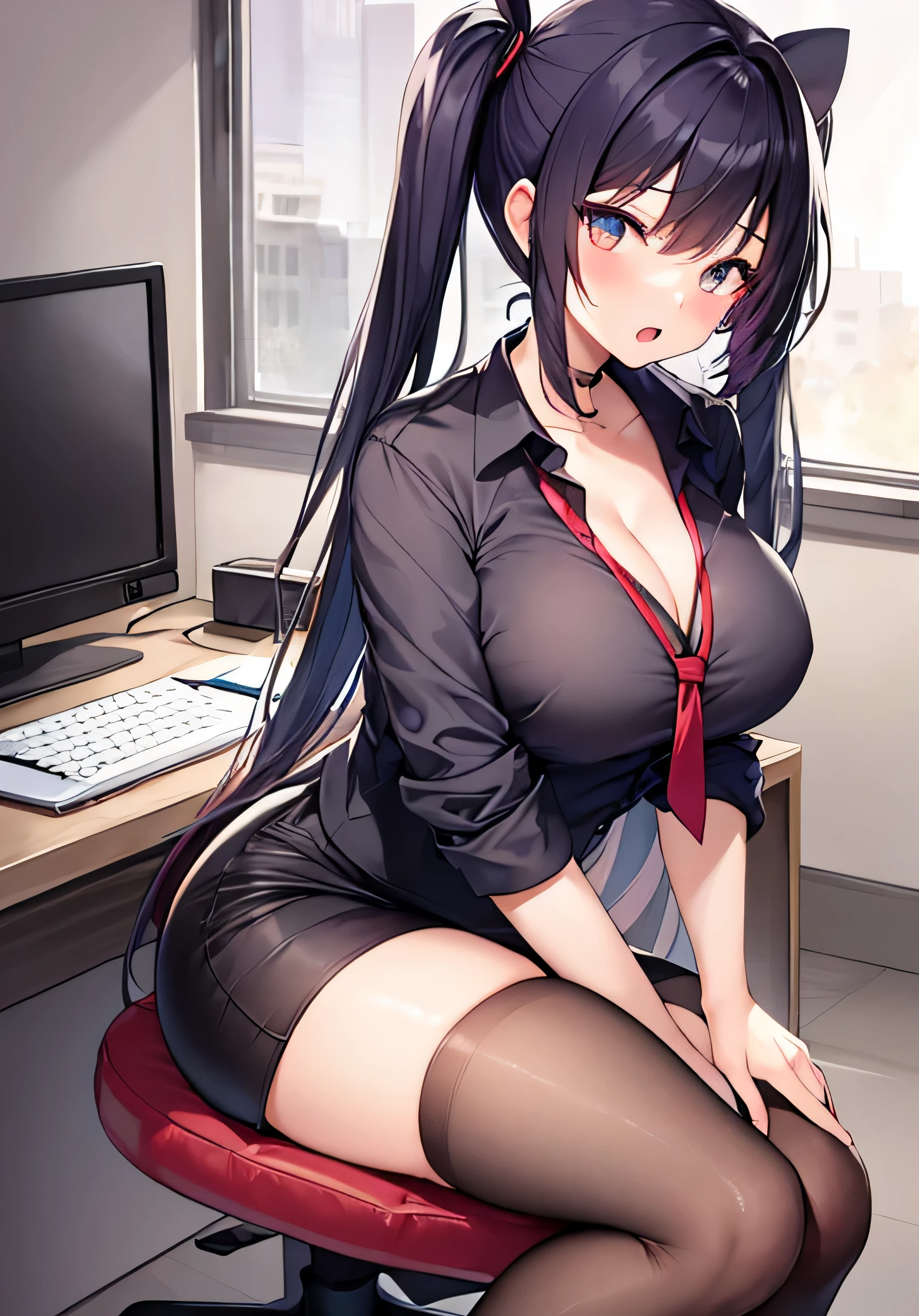 masterpiece、best image quality、ultra high resolution、 girl with big breasts、twin tail hairstyle、black hair、red face、shyly、Open your mouth just a little、Short-sleeved dress shirt that shows a slight cleavage、wearing a mini pencil skirt、sitting in an office chair、inside the office