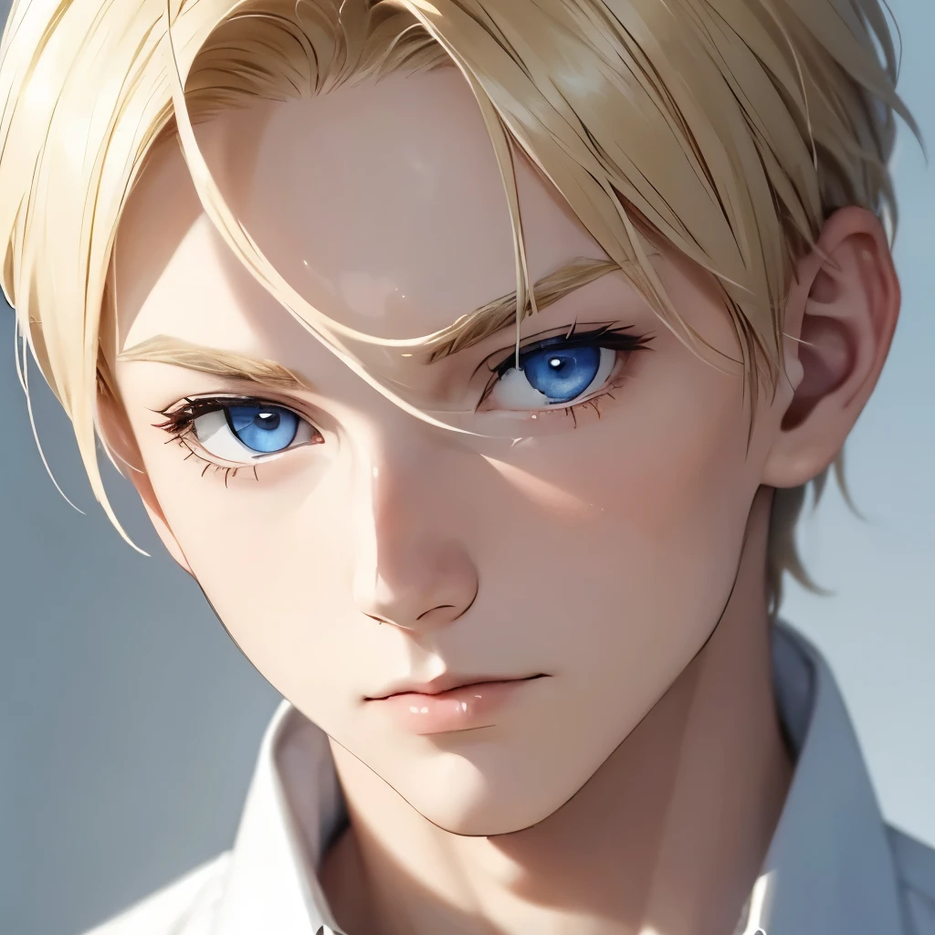 Boy, blond hair, blue eyes, sharp features, white skin