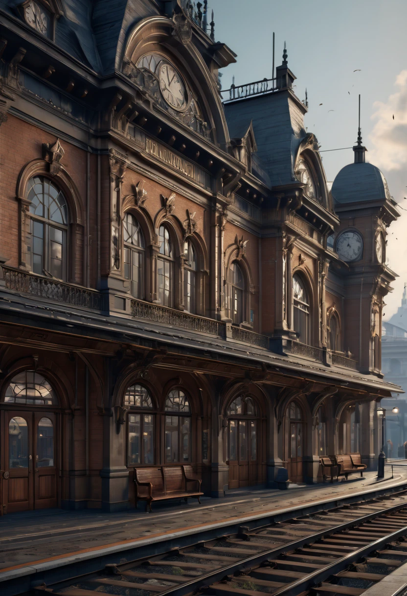 Vaporwave Aesthetic style Train Station, (best quality, masterpiece, Representative work, official art, Professional, Ultra intricate detailed, 8k:1.3)