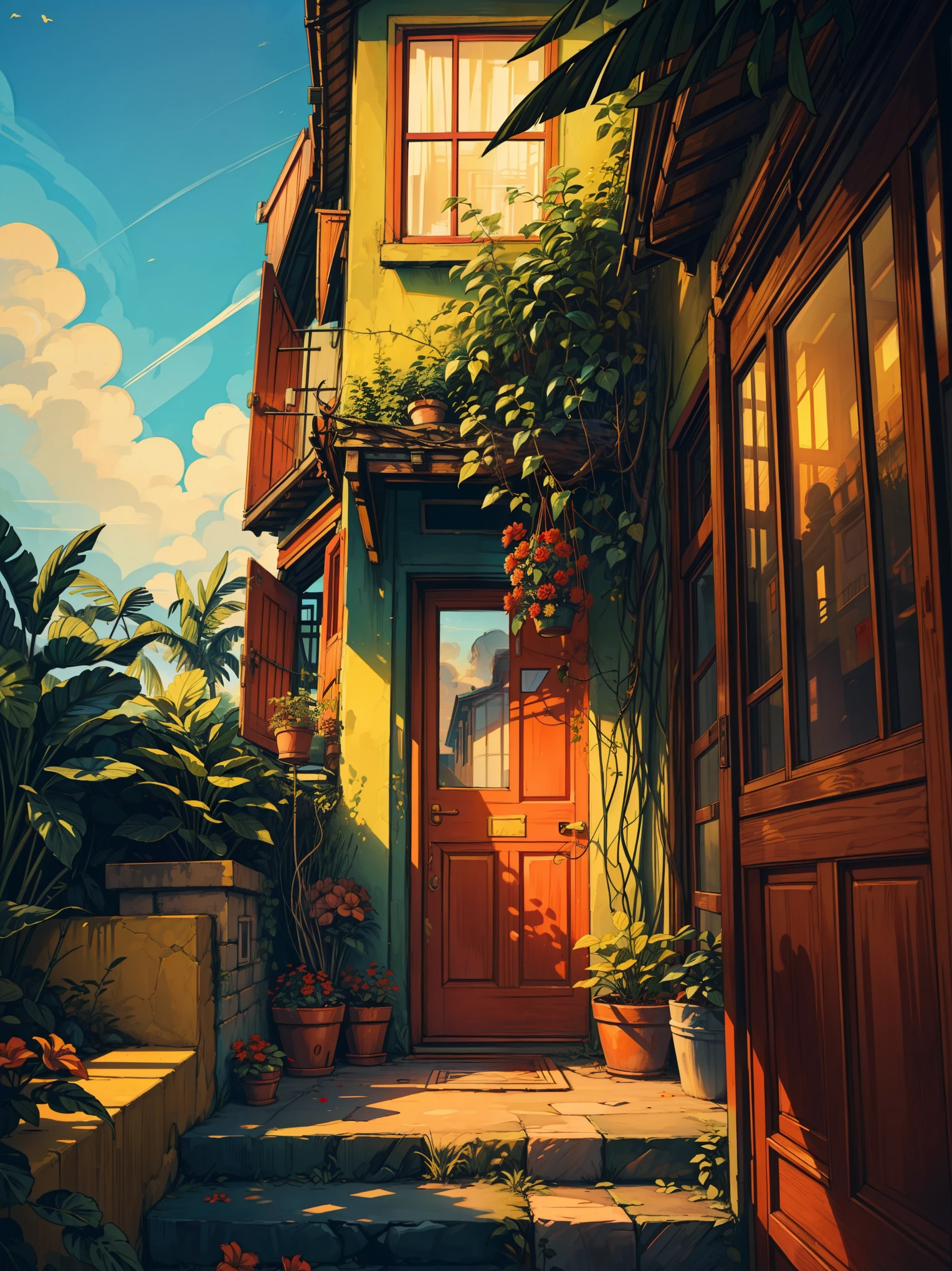 (masterpiece:1), (Full view), (a yellow apartment with red door and windows covered with dense tropical greenery:1.4), (plant pots with red flowers outside and on stairs:1.3), crowded city, (vintage light outside:1.1), blue cloudy sky, (Dim volumetric light:1.4), peaceful, (scattered clouds), (evening scene:1.4), (peaceful environment), beautiful tones, subtle colors, peaceful, no human, (illustration: 1.0), epic composition, realistic lighting, HD details, masterpiece, best quality, (very detailed CG unified 8k wallpaper)