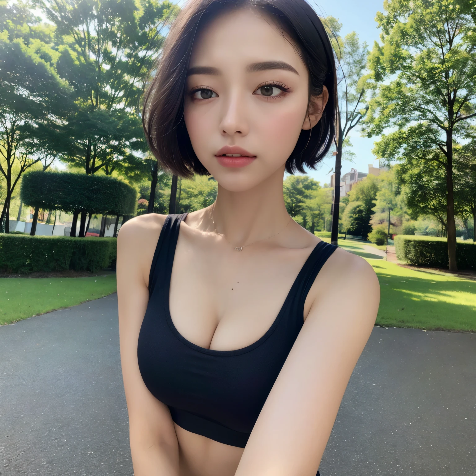 (highest quality, 8K, super masterpiece:1.3)), sharp:1.2, perfect body beauty:1.4, slim abs:1.2, ((short to medium hair, big breasts:1.2)), Highly detailed face and skin texture、sharp: 1.2, perfect body beauty: 1.4, slim abs: 1.2,, Highly detailed face and skin texture, fine eyes, double eyelid, training wear, outdoors, at the park, forest, on the road