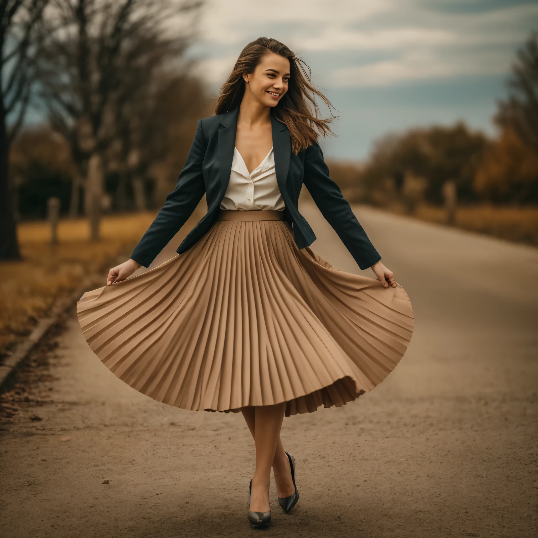 A smiling, authentic, (shy:1,3), kind, beautiful woman, is passionately in love with her skirt, sitting down on the gound while wind lifts her skirt, wearing short blazer and very very detailed (long (fully pleated) full circle skirt) and (low heeled court shoes), very very intricate hyper-detailed symmetric (attractive graceful young feminine face) with (sad, tired eyes and a loving smile), large breasts, full of empathy and compassion and love, (pronounced (feminine) features), (highly detailed ultra accurate realistic) hands and fingers, (windy), epic composition, highly detailed attributes, (35mm f1.4 Kodak portra 400 photograph), extremely high quality RAW photograph, highly detailed atmosphere, sci-fi, cinematic shot, dynamic lighting, 75mm, Technicolor, Panavision, cinemascope, sharp focus, fine details, 8k, HDR, realism, realistic, key visual, film still, superb cinematic color grading, depth of field