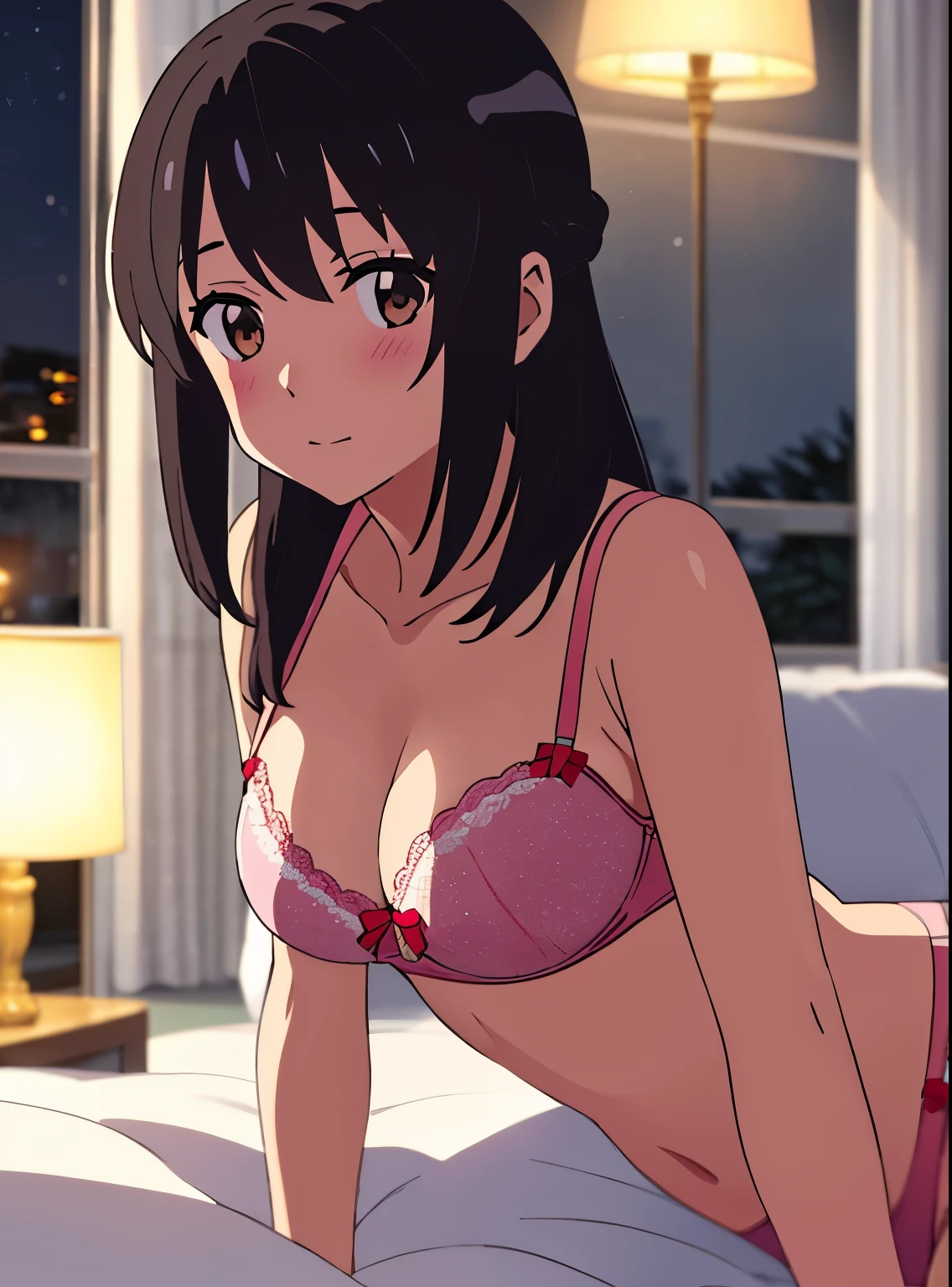 shinkai makoto, kimi no na wa., 1girl, bangs, black hair, brown eyes, waterfall braid, red ribbon, long hair, solo, blush, looking at the viewer, arms up, sexy pose, cute, bedroom, night, lamp, light off, light pink bra, breast, medium breast, light pink panties, lying, on back, masterpiece,