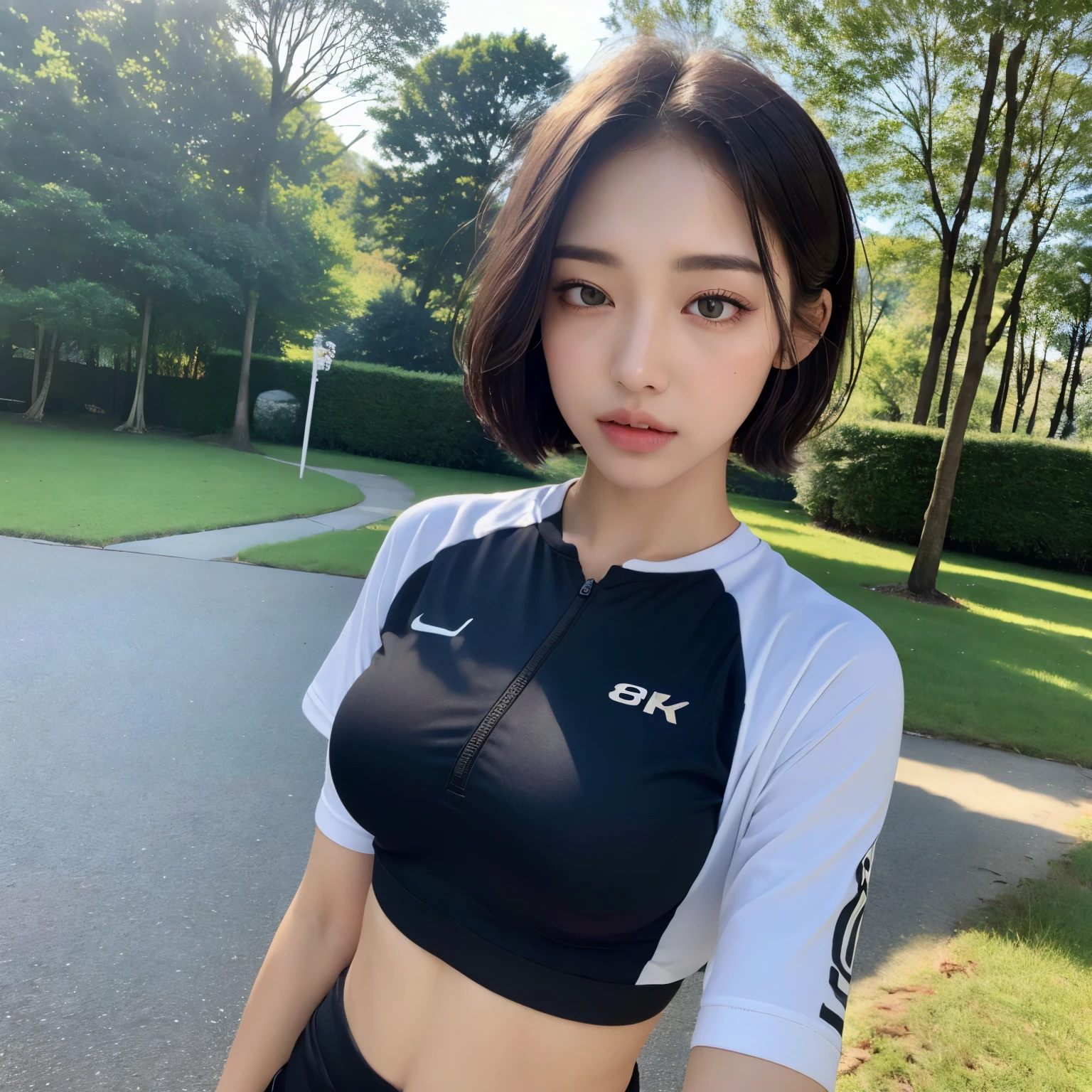 (highest quality, 8K, super masterpiece:1.3)), sharp:1.2, perfect body beauty:1.4, slim abs:1.2, ((short to medium hair, big breasts:1.2)), Highly detailed face and skin texture、sharp: 1.2, perfect body beauty: 1.4, slim abs: 1.2,, Highly detailed face and skin texture, fine eyes, double eyelid, training wear, outdoors, at the park, forest, on the road