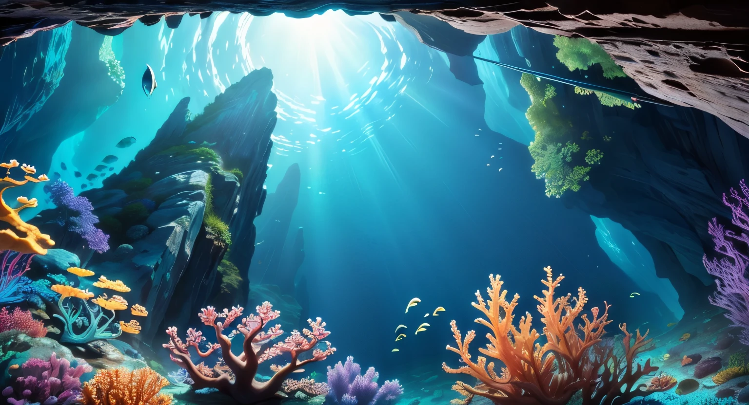 (masterpiece, best quality:1.2), (no humans, cliff, underwater, view, from below:1.5), 8k, original photo, Ridiculous, beautiful coral reef, rock, many very small fish, Colorful tropical fish, light leak, depth of field, stunning landscape, film grain, Color difference, Dynamic lighting, dramatic lighting, high dynamic range, lifelike, film grain, Color difference, high resolution, Super detailed, fine details, Very detailed, shadow, sharp focus