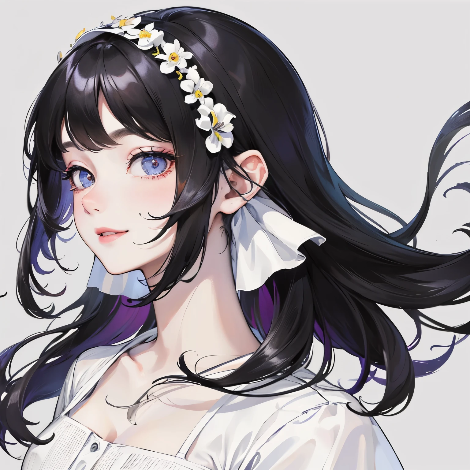 black hair girl、detailed face、profile、Temporary、lipstick、best image quality、droppy eyes,droopy eyes、simple、smile、white clothes、bright pigment、Patsun bangs、whole body、take a pose