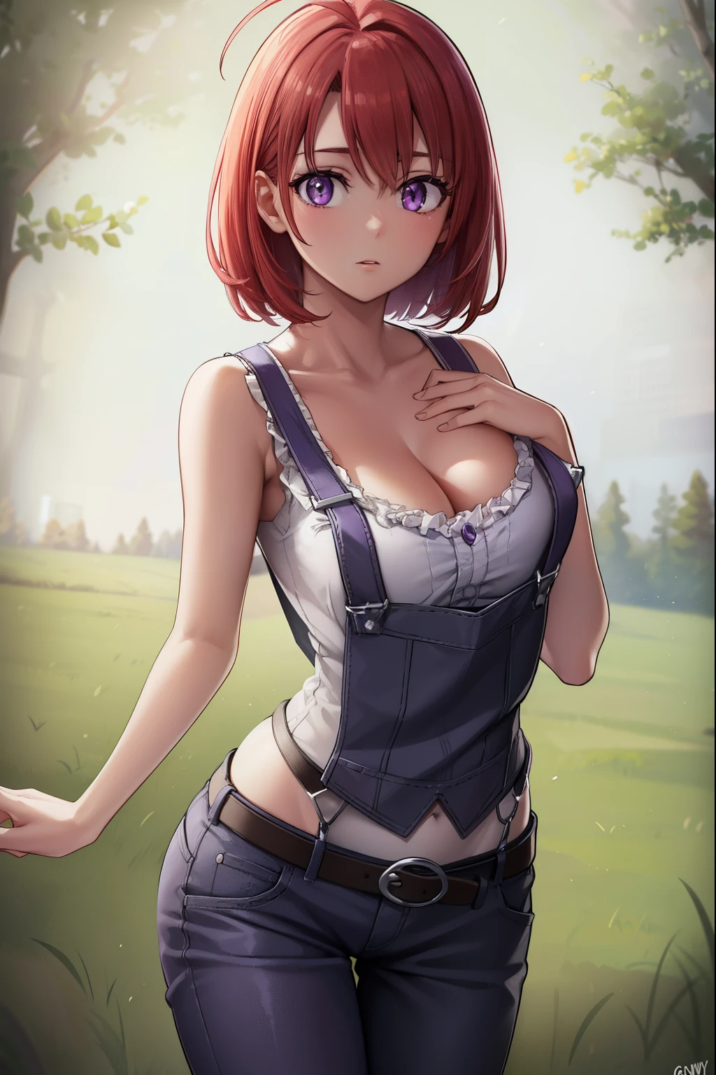 Cowgirl, sex,cowgirl, Ahoge, redhead, (purple eyes:1.1), short hair,
break cleavage, clavicle, Naked Suspenders,,
break looking at viewer, whole body, Upper body, (cowboy shot:1.5),
break outdoors, farm,
break (masterpiece:1.2), highest quality, High resolution, unity 8k wallpaper, (figure:0.8), (detailed and beautiful eyes:1.6), highly detailed face, perfect lighting, Very detailed CG, (perfect hands, perfect anatomy),