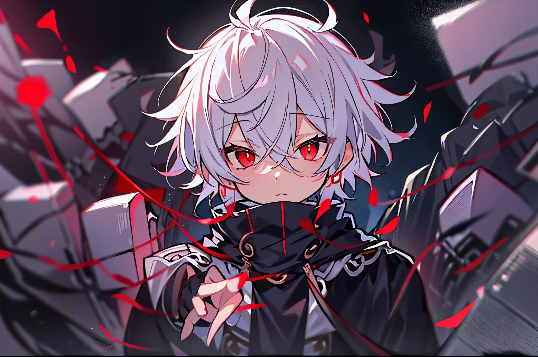 High resolution、to close range、one boy、（alone）、Anime boy with white hair and red eyes stares at camera、short hair、glowing red eyes、slim、wearing black clothes、shadow body、colorful background、messy hair、diagonal angle

