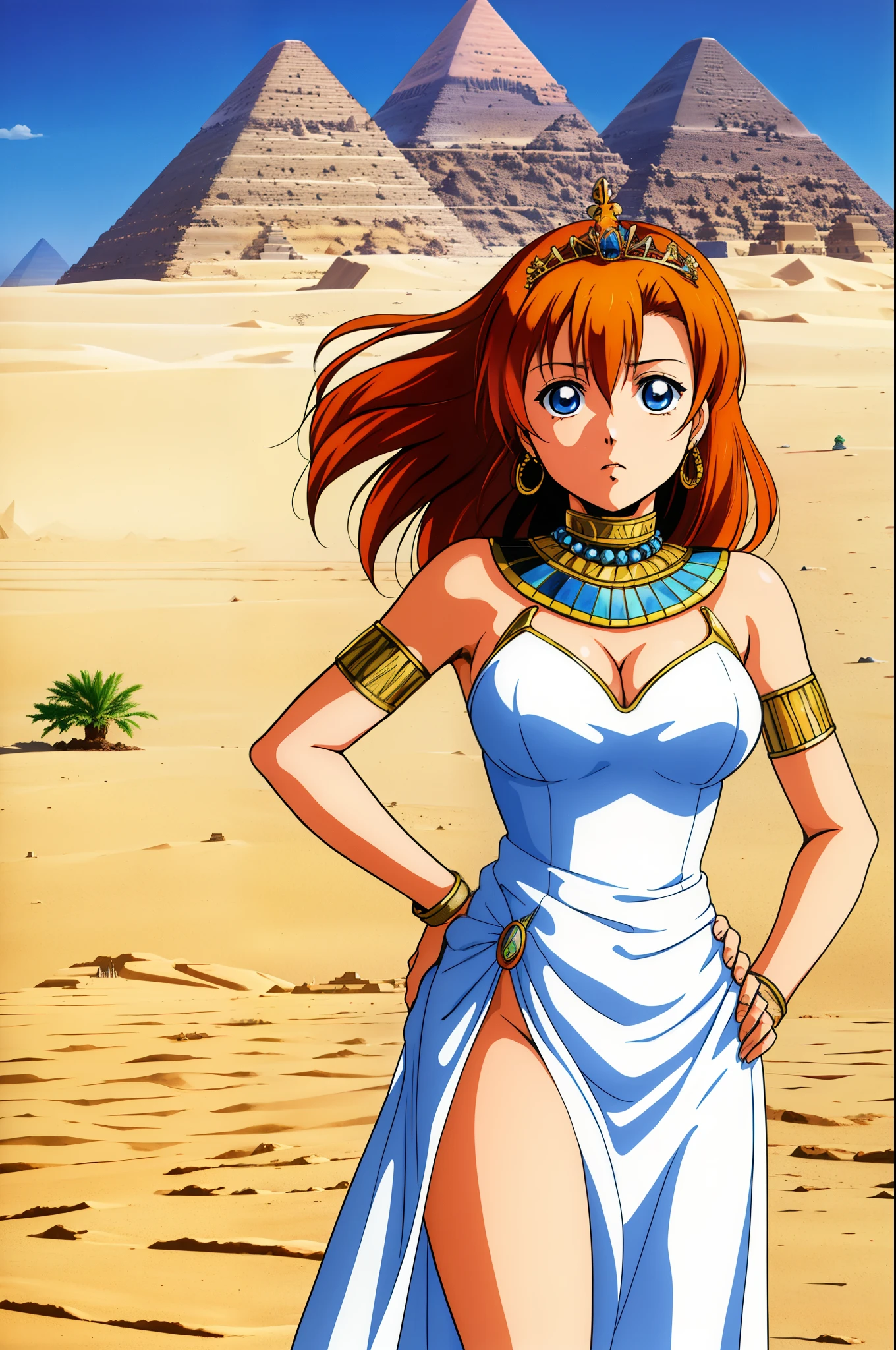 Masterpiece,kousaka honoka, blue eyes, orange hair,beautiful , looking away,arrogant,(one hand on hip one hand on hair),thighs,cleavage,(white exposing Egyptian dress), tiara,in Egyptian desert,1980s \(style\)