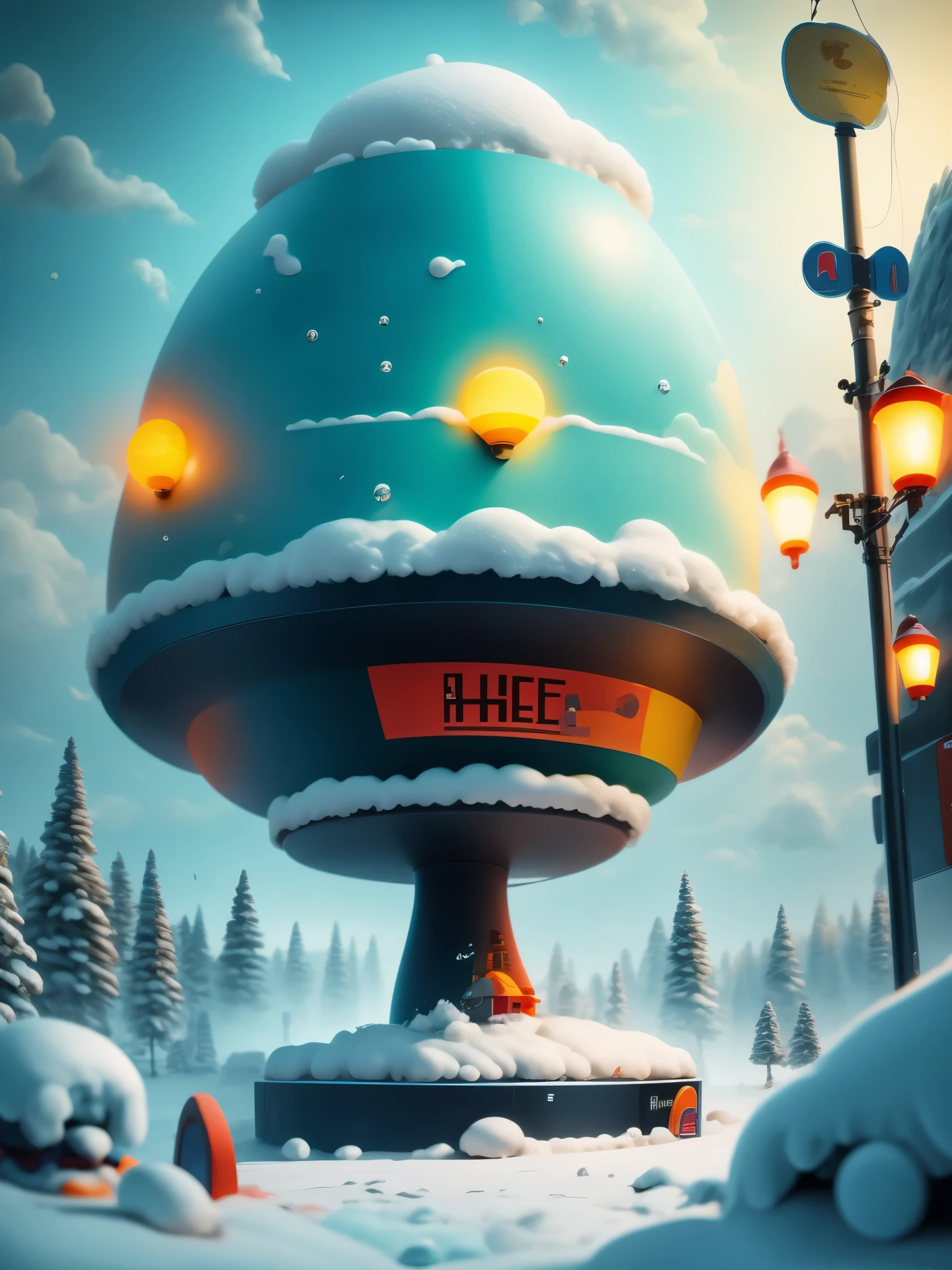 A solitary station in the heavy snow,Station waiting room,Big stop sign,science fiction,cyberpunk,future,photography,