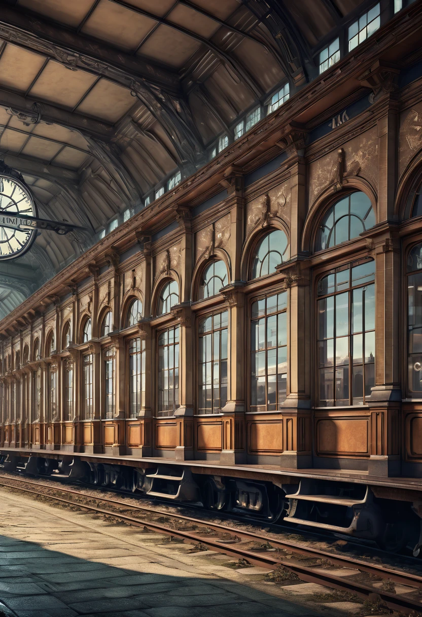 Vaporwave Aesthetic style Train Station, (best quality, masterpiece, Representative work, official art, Professional, Ultra intricate detailed, 8k:1.3)