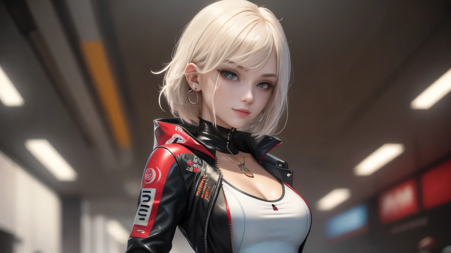 optimal,master piece,High resolution,best quality,hyper hd,super detail,Award-winning,16k,solo,(Upper body),correct anatomy,beautiful cyberpunk girl,cute face,,gradation beige hair,hair line,((scarlet eyes)),long eyelashes,drooping corners of the eyes,white skin,(small ),(Because I'm slender),((Women's Super Short Shawl Leather Jacket)),((racing_suit)),((height_skirt)),ear studs,(neck ring),(laser material clothing:1.2)、cleavage、smile、beautiful eyes