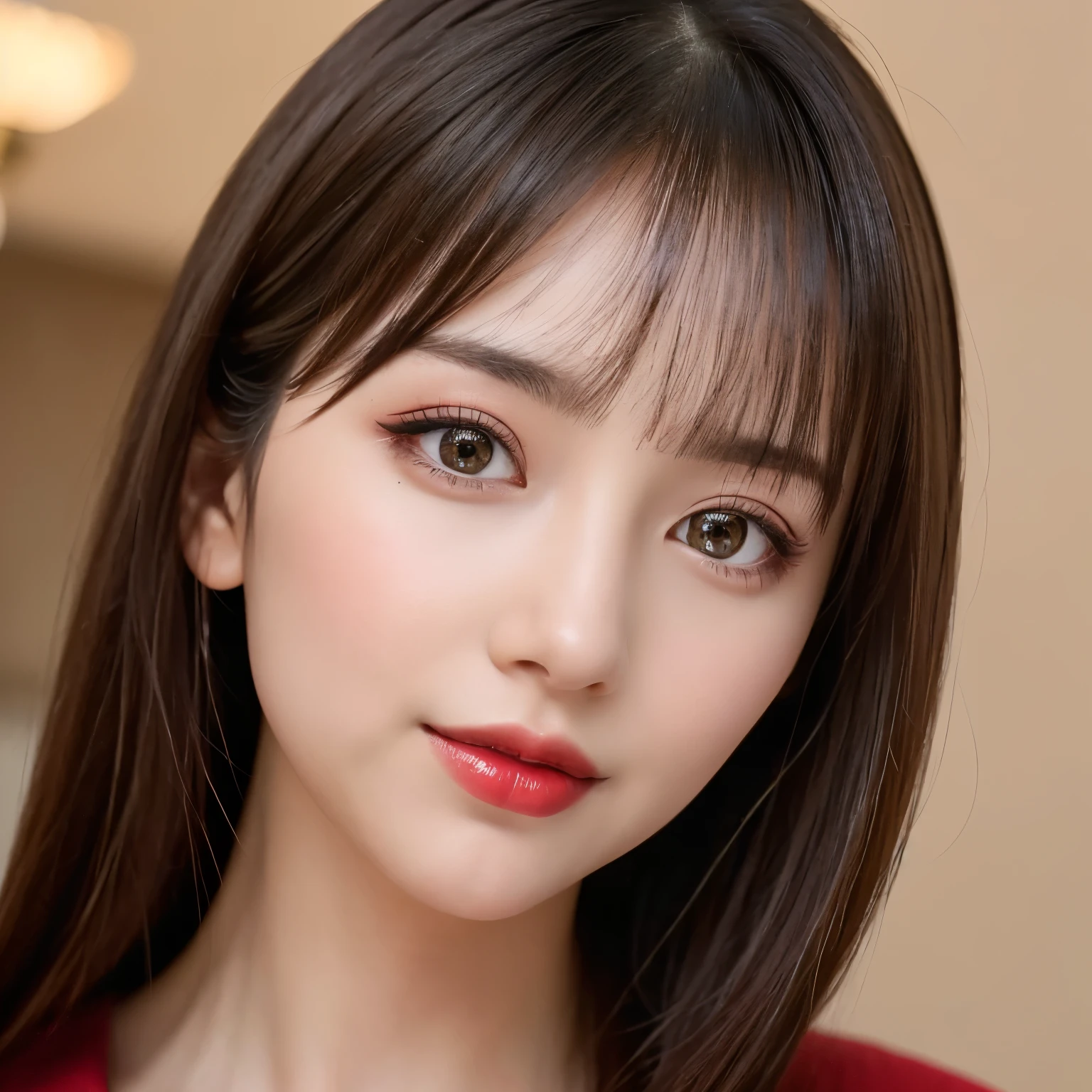 (highest quality、table top、8k、best image quality、Award-winning work)、(one young girl, 14 years old:1.3)、(Perfect V-neck red long knit sweater:1.2)、(red eyeshadow:1.2)、perfect makeup、long eyelashes、Super high-definition sparkling eyes、ultra high definition hair、ultra high resolution glossy lips、Super high resolution perfect teeth、Super high resolution cute face、brown hair、(very short straight hair:1.1)、look at me and smile、[clavicle]、accurate anatomy、(close up of face:1.5)、Luxury love hotel、(The most moody warm lighting:1.2)、blurred background、With bangs、Super high-resolution glossy and moisturized face、Super high-resolution glowing skin、most detailed face、Ultra high resolution detailed faces、ultra high resolution hair、Super high resolution sparkling eyes、Beautiful face drawn in every detail、Super high resolution glossy red lips