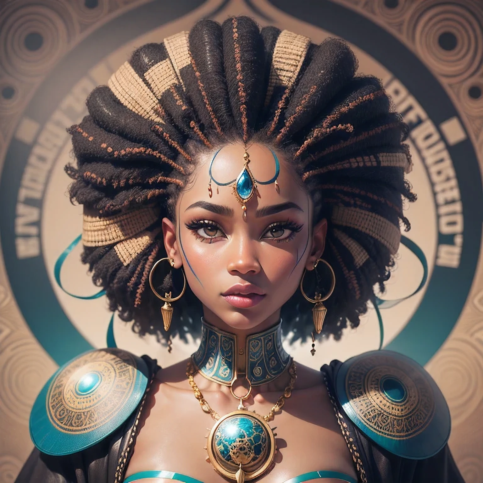 a painting of a woman with a blue face and a colorful head, afrofuturism, afrofuturism style, afrofuturist, elaborate digital art, black art, afro futurism, intricate face, intricate beautiful faces, african arts, afrocentric mysticism, beautiful intricate face, afro - futurist style, stunning artwork, gorgeous art, abstract portrait, intricate detailed face, intricate oil painting artwork