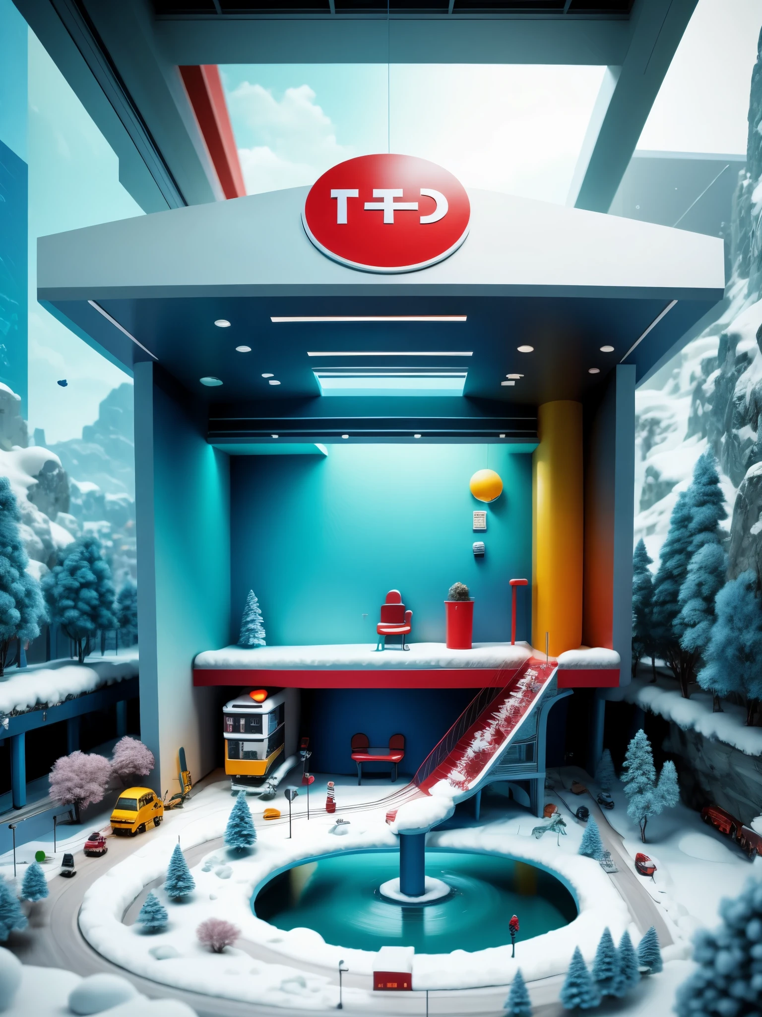A solitary station in the heavy snow,A station for one person,waiting room,Big stop sign,science fiction,cyberpunk,future,photography,