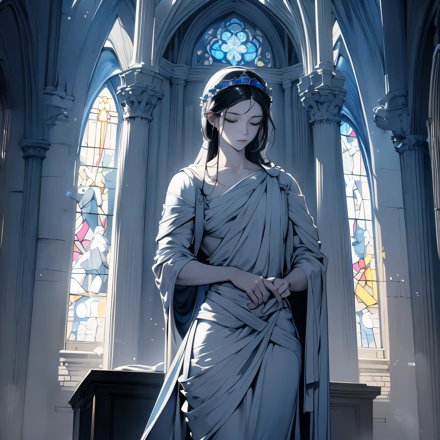 church, dark, blue stained glass, masterpiece, very delicate, very detailed, Artistic, monochromatic sculpture, white saint statue, Close ~ eyes, Fold your hands in front of your body, pray, high contrast, highest quality, best image quality