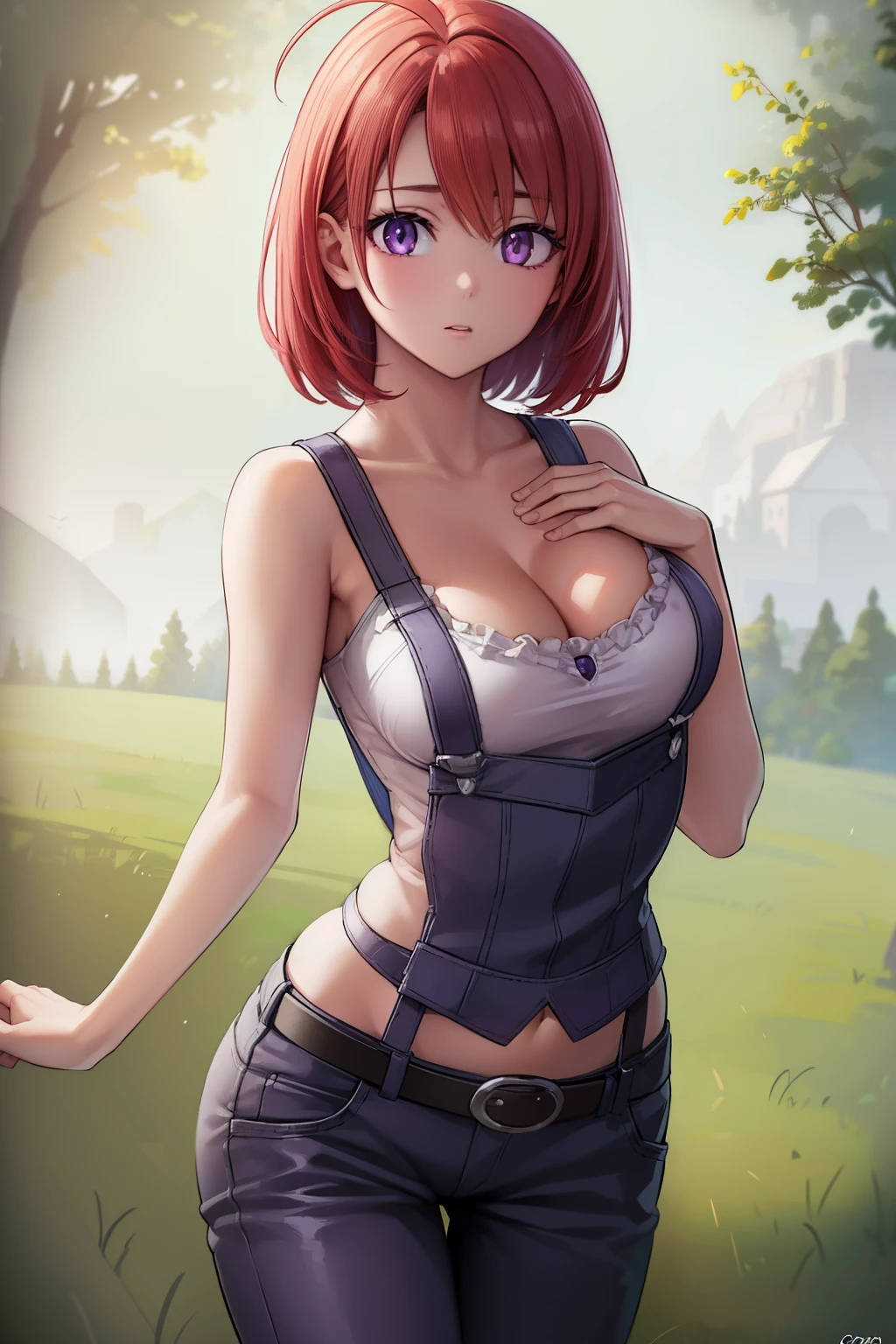 Cowgirl, sex,cowgirl, Ahoge, redhead, (purple eyes:1.1), short hair,
break cleavage, clavicle, naked ,黒乳首
break looking at viewer, whole body, Upper body, (cowboy shot:1.5),
break outdoors, farm,
break (masterpiece:1.2), highest quality, High resolution, unity 8k wallpaper, (figure:0.8), (detailed and beautiful eyes:1.6), highly detailed face, perfect lighting, Very detailed CG, (perfect hands, perfect anatomy),