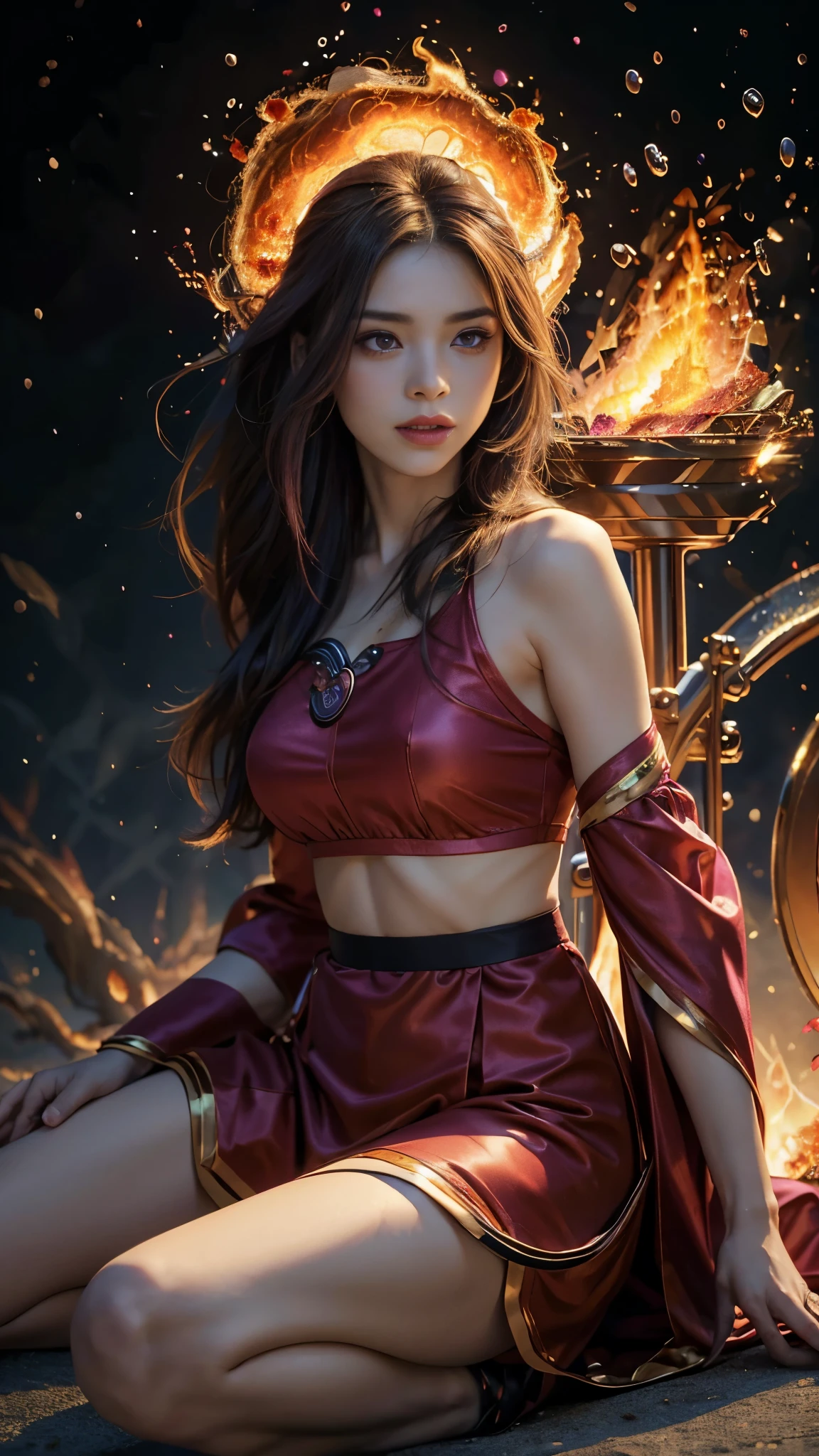 8K, ultra detailed, masterpiece, 1 fire girl, good face, detailed eyes, very long hair, hire hair, (fire outfit:1.8), (magenta outfit:1.5), (spreading fire:1.5), (aura:1.4), flame in hands, perfect body, sitting,