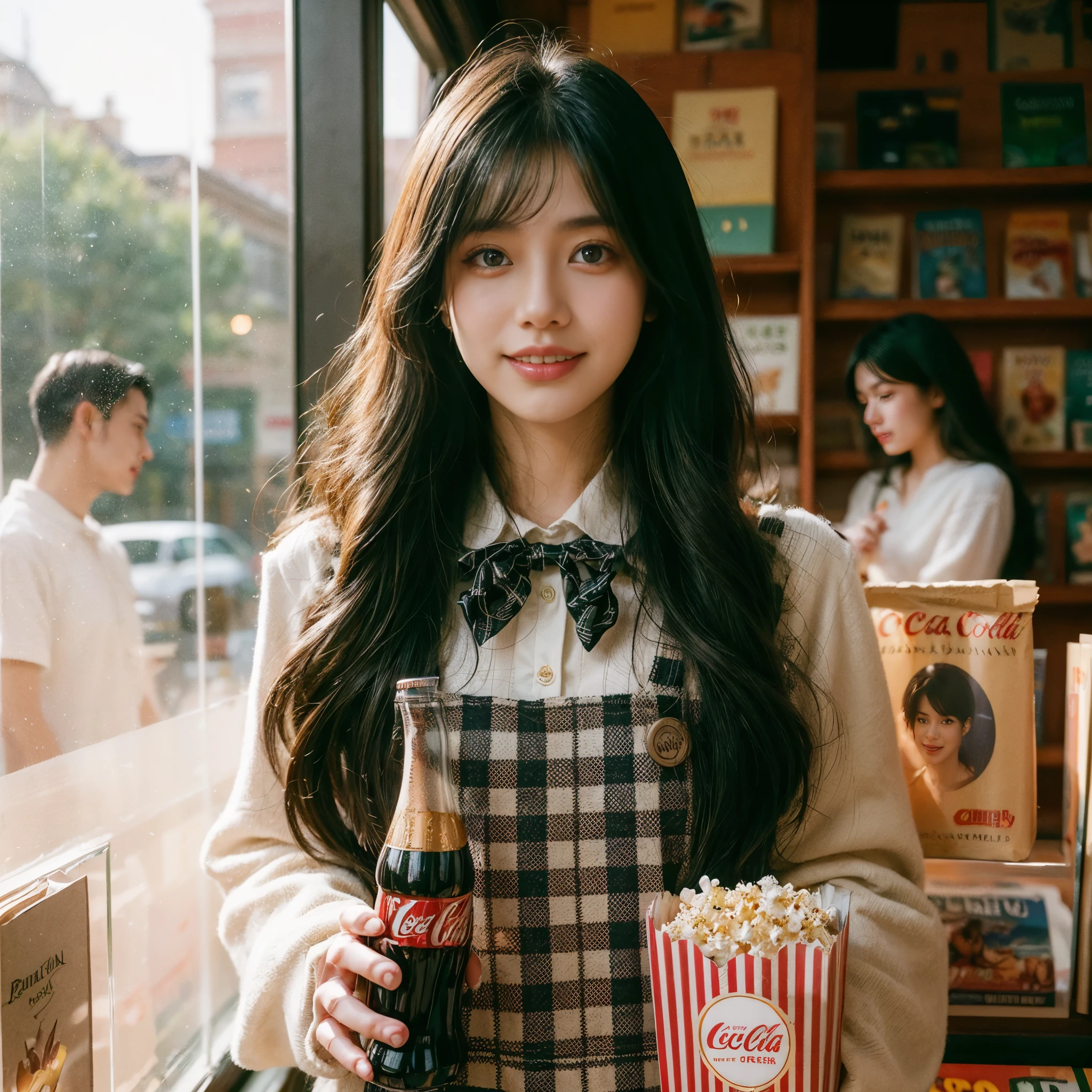 Film photography of a 20 year old woman with an Indonesian face, long black shoulder length hair wearing a checkered pinafore, with a happy expression, the woman is standing holding a glass of Coca Cola with her left hand, while her right hand is holding a box of popcorn, in the background of a bookstore in where several books and other items are displayed in the glass window. Sunlight shines from the right of the photo, creating interesting shadows and contrast, (warm hue, warm tone) bokeh, professional color gradient, shot by Sony a6700, sigma 23mm lens (35mm FFeqf), mist filter 1/4
