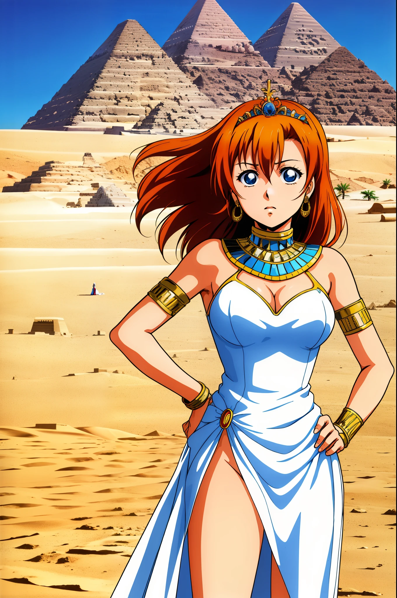 Masterpiece,kousaka honoka, blue eyes, orange hair,beautiful , looking away,arrogant,(one hand on hip),thighs,cleavage,(white exposing Egyptian dress), tiara,in Egyptian desert,1980s \(style\)