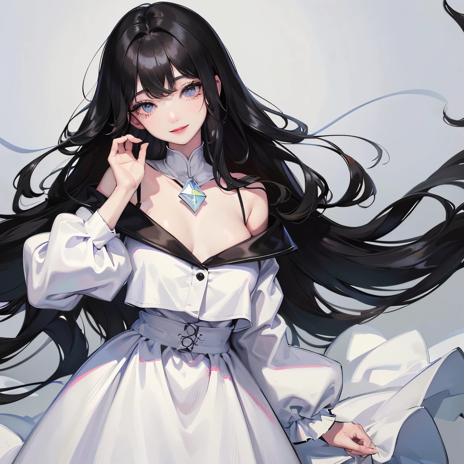 black hair girl、detailed face、profile、Temporary、lipstick、best image quality、droppy eyes,droopy eyes、simple、smile、white clothes、bright pigment、Patsun bangs、whole body、take a pose,gem