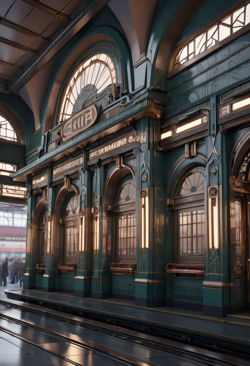 Art Deco style Train Station, (best quality, masterpiece, Representative work, official art, Professional, Ultra intricate detailed, 8k:1.3)